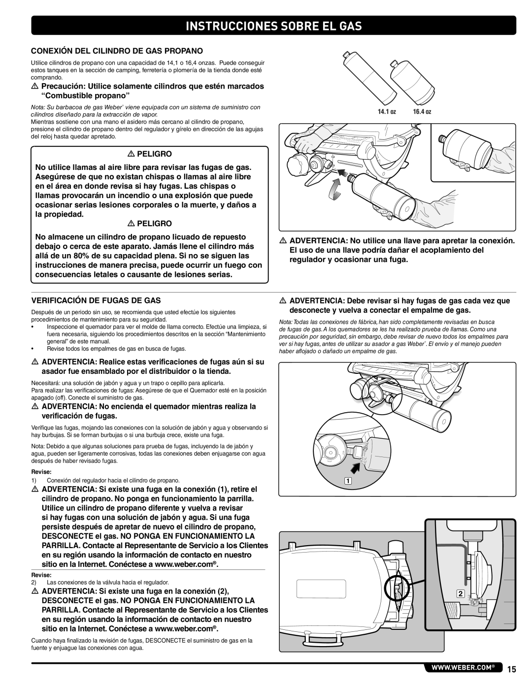 Weber 41061 Instrucciones Sobre EL GAS, Conexión DEL Cilindro DE GAS Propano, Peligro, Verificación DE Fugas DE GAS 