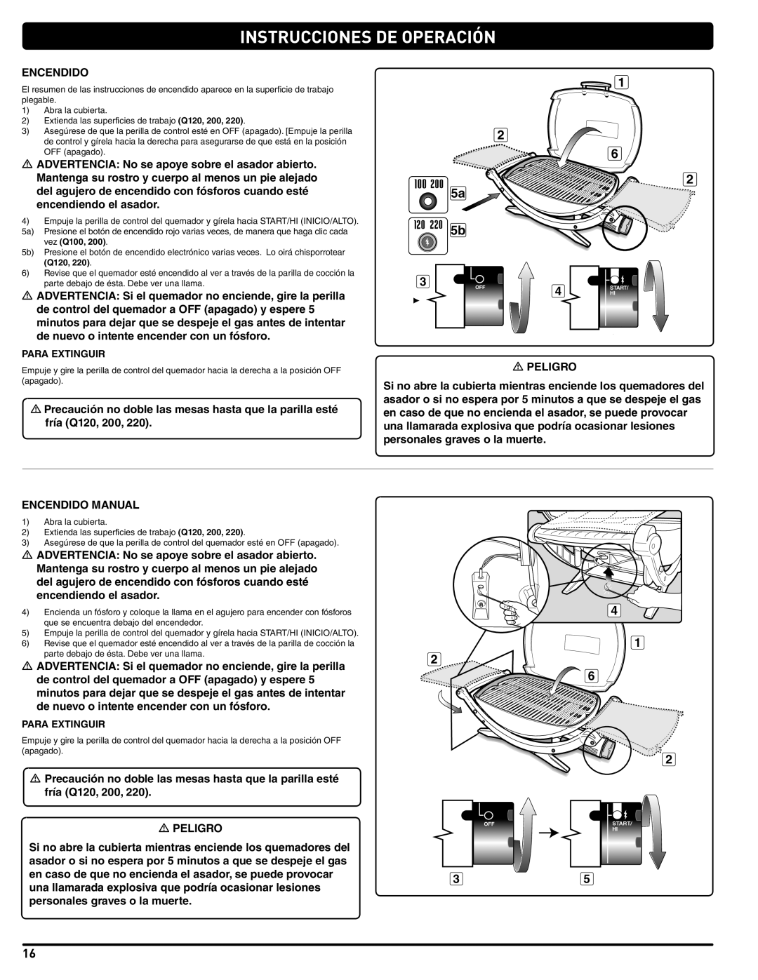 Weber 41061 instruction manual Instrucciones DE Operación, Encendido Manual, Para Extinguir 