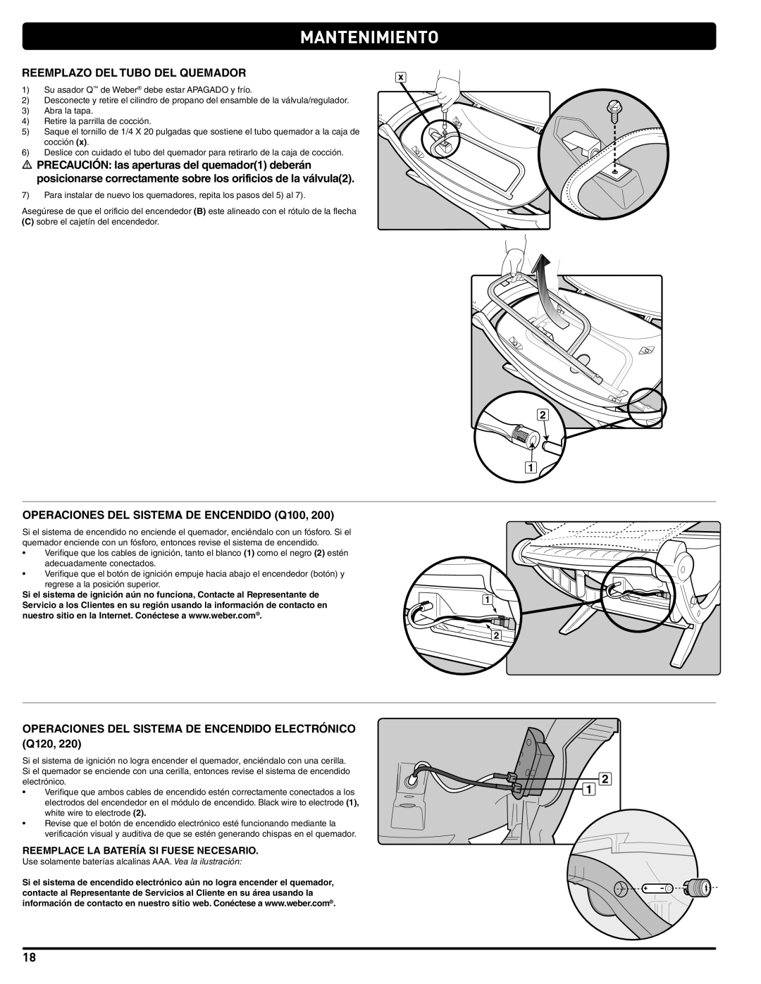 Weber 41061 instruction manual Reemplazo DEL Tubo DEL Quemador, Operaciones DEL Sistema DE Encendido Q100 