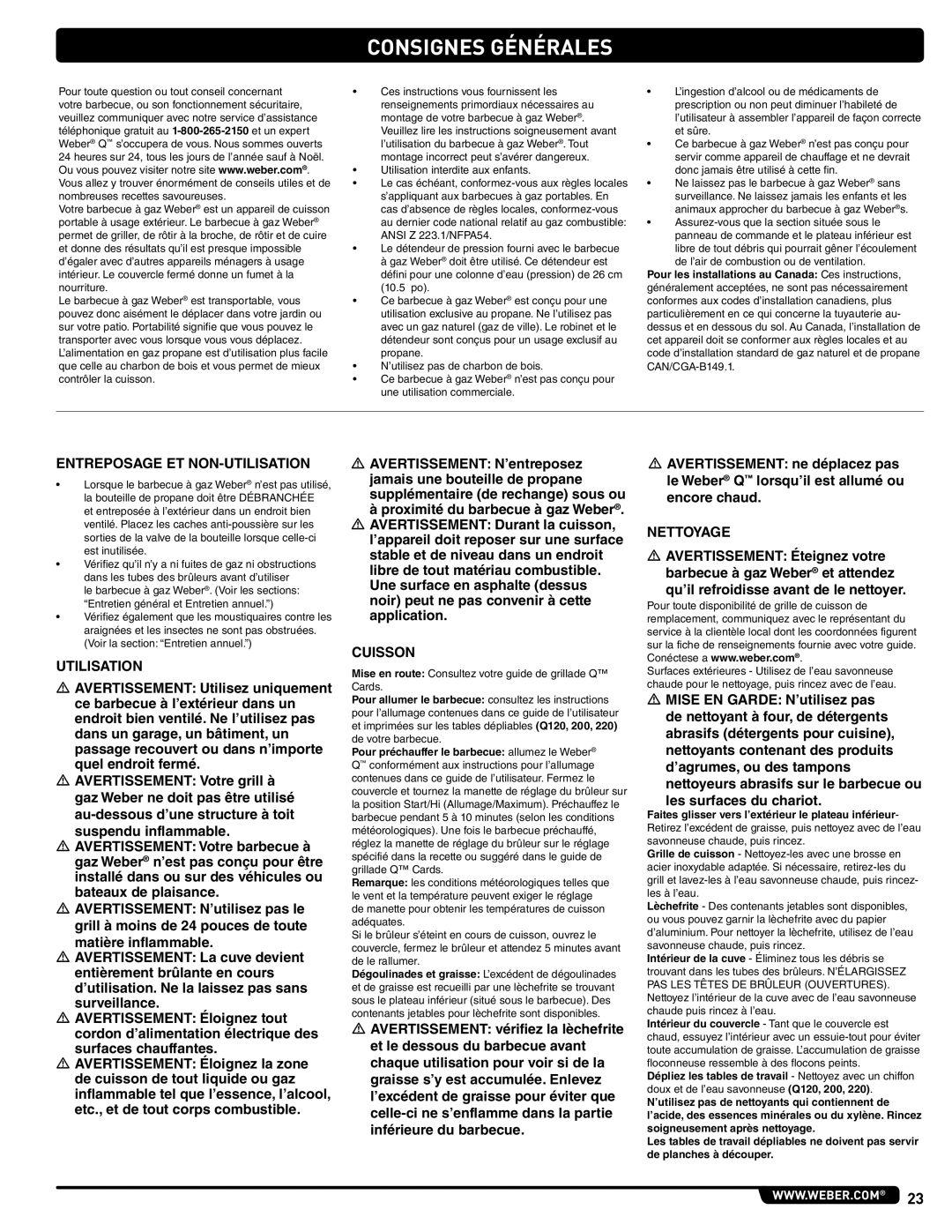 Weber 41061 instruction manual Consignes Générales, Entreposage ET NON-UTILISATION, Utilisation, Cuisson, Nettoyage 