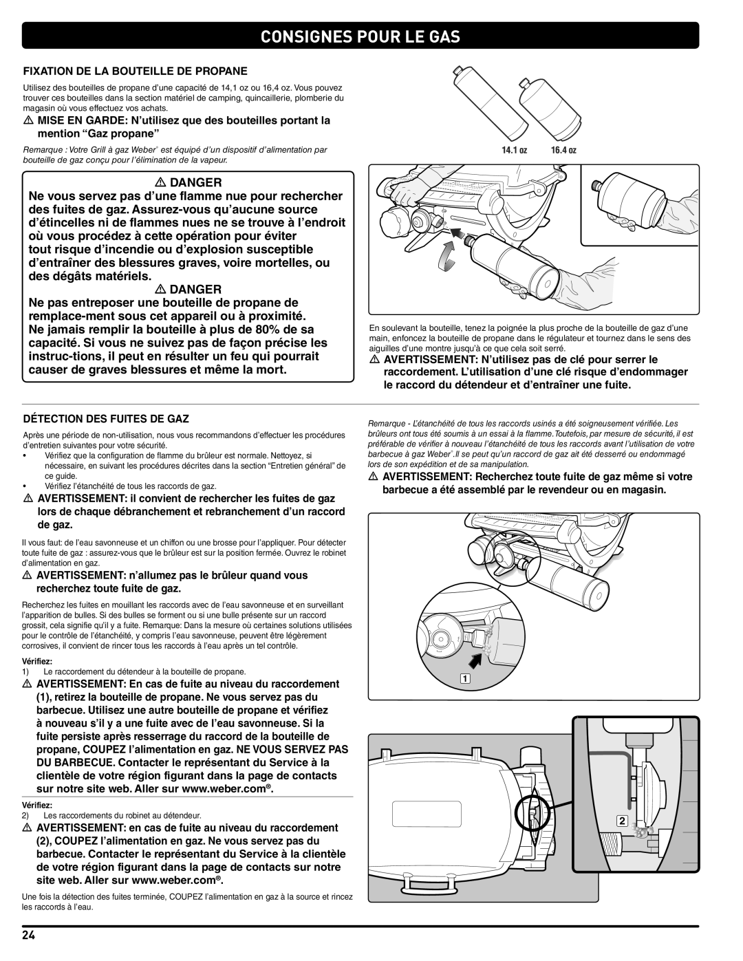 Weber 41061 instruction manual Consignes Pour LE GAS, Fixation DE LA Bouteille DE Propane, Détection DES Fuites DE GAZ 