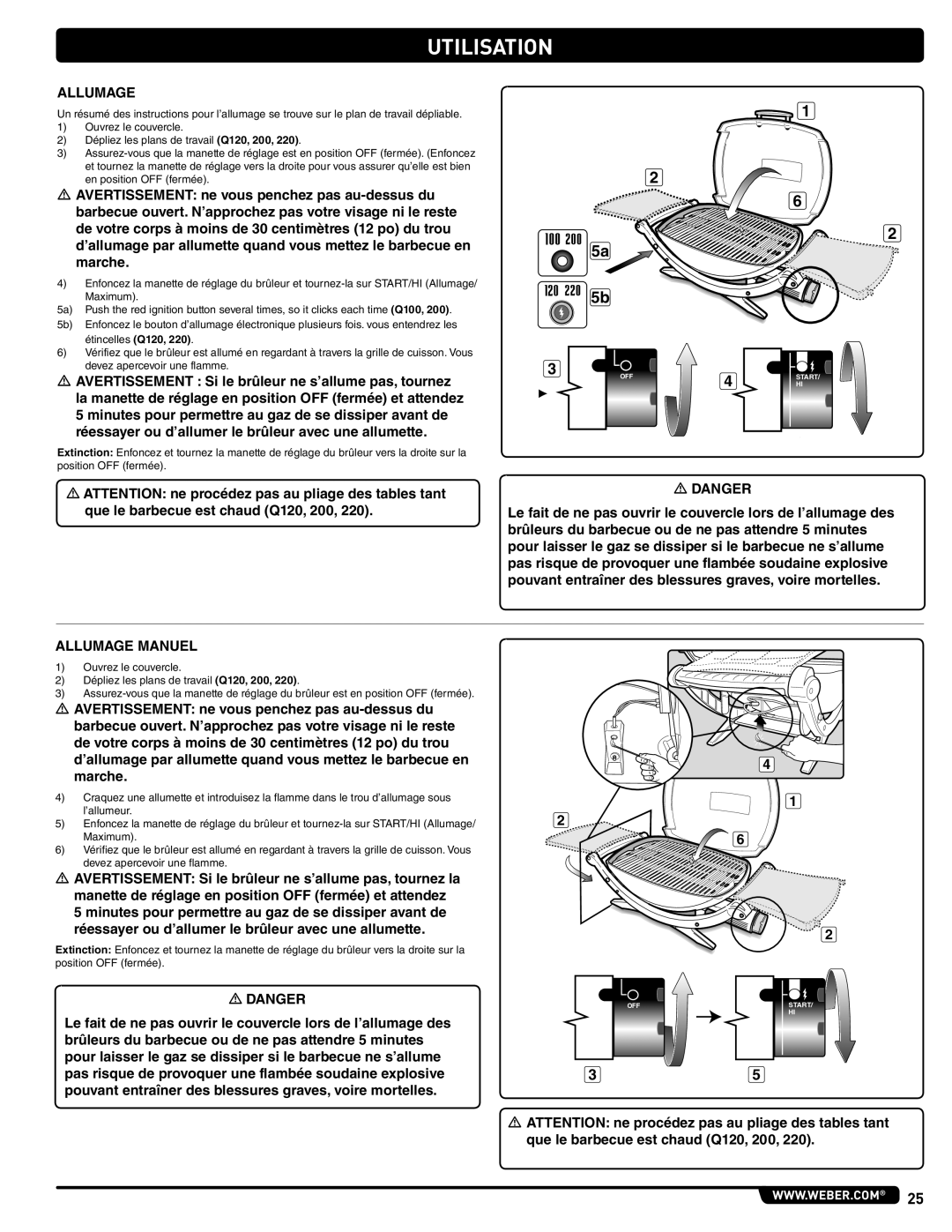 Weber 41061 instruction manual Utilisation, Allumage Manuel 