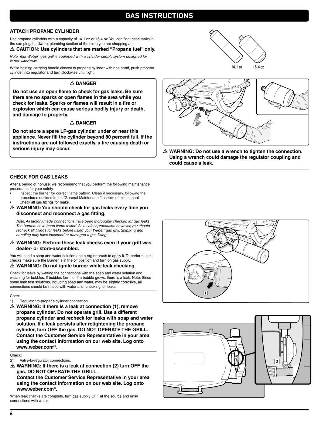 Weber 41061 instruction manual GAS Instructions, Attach Propane Cylinder, Check for GAS Leaks 