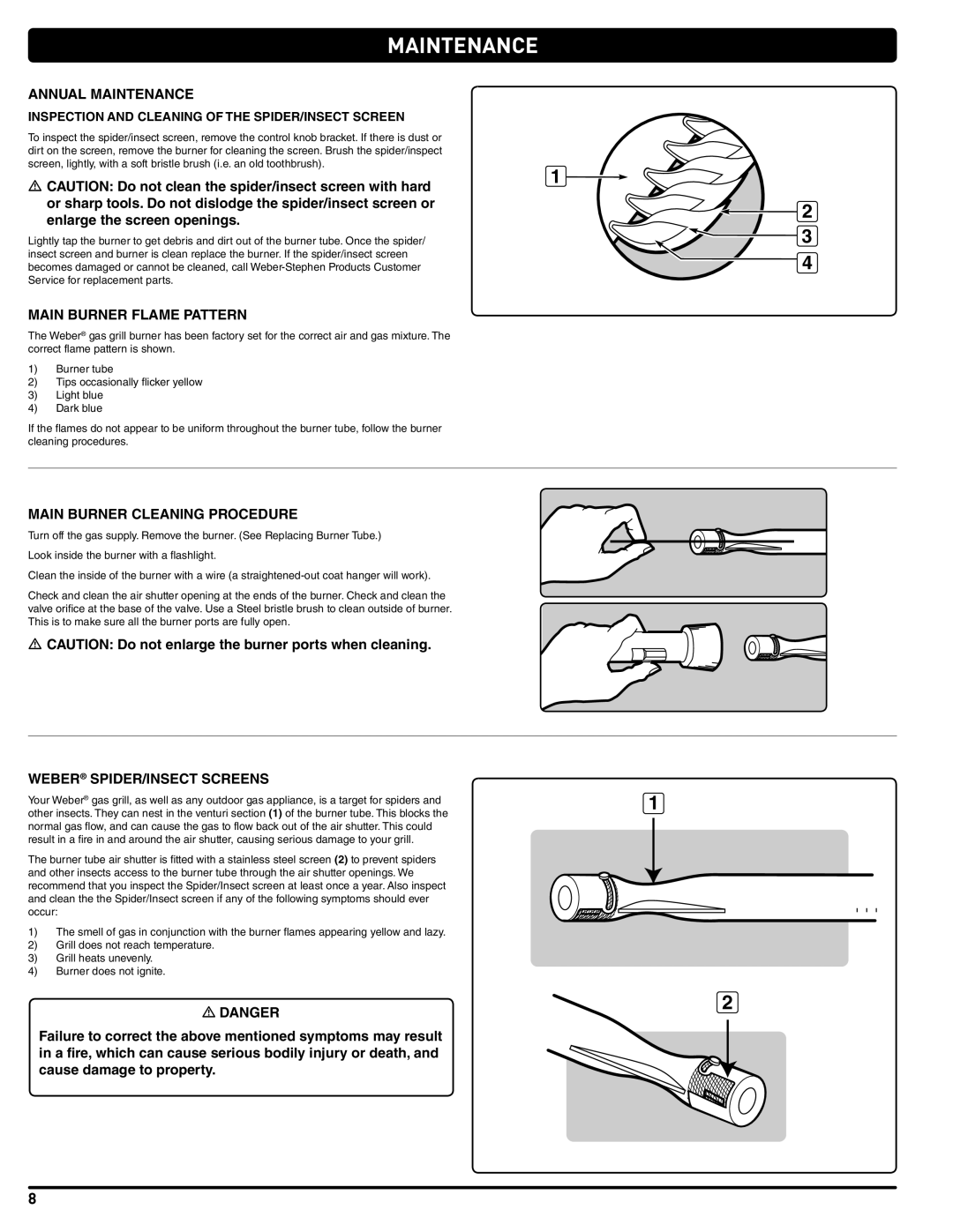 Weber 41061 Annual Maintenance, Main Burner Flame Pattern, Main Burner Cleaning Procedure, Weber SPIDER/INSECT Screens 