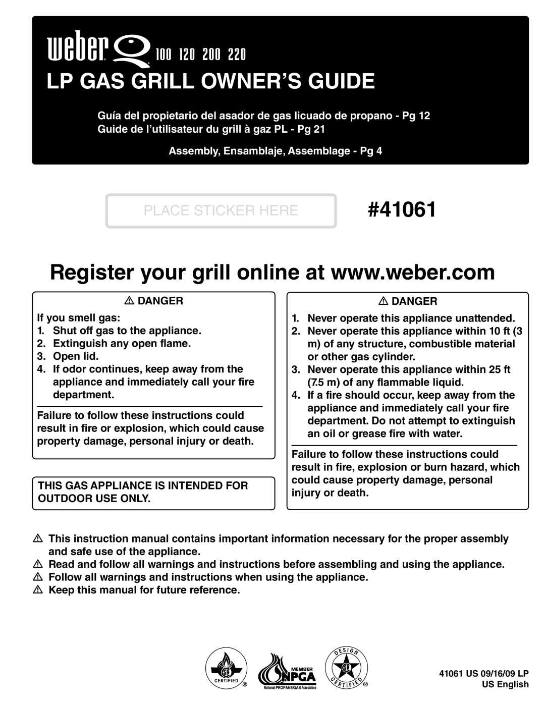 Weber 41061 instruction manual LP GAS Grill OWNER’S Guide 