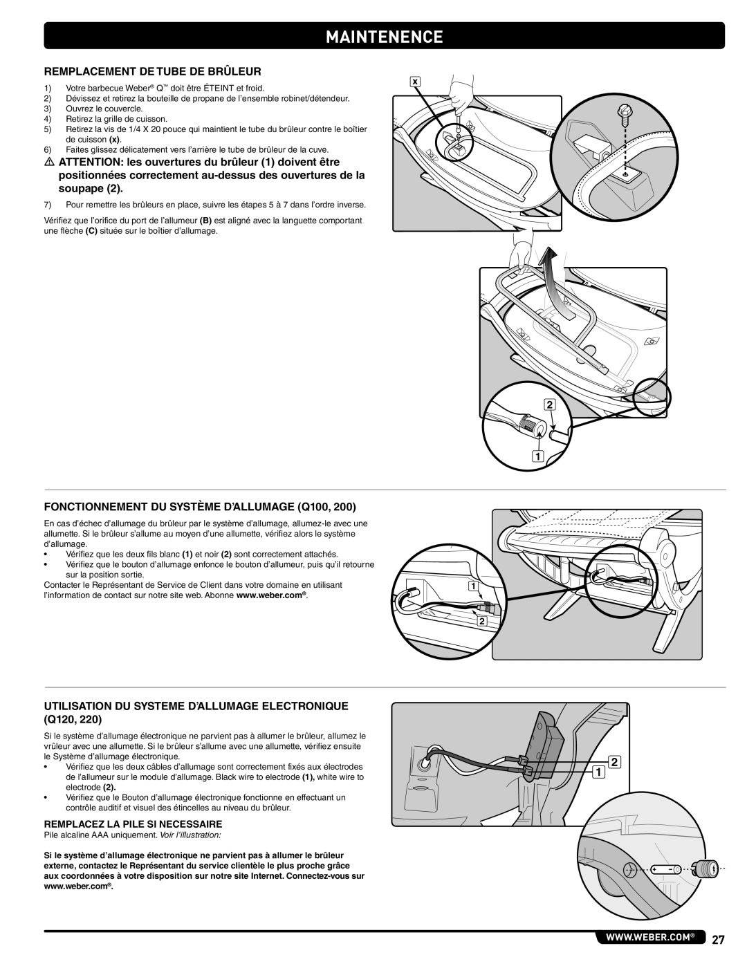 Weber 41061 Remplacement DE Tube DE Brûleur, Fonctionnement DU Système D’ALLUMAGE Q100, Remplacez LA Pile SI Necessaire 