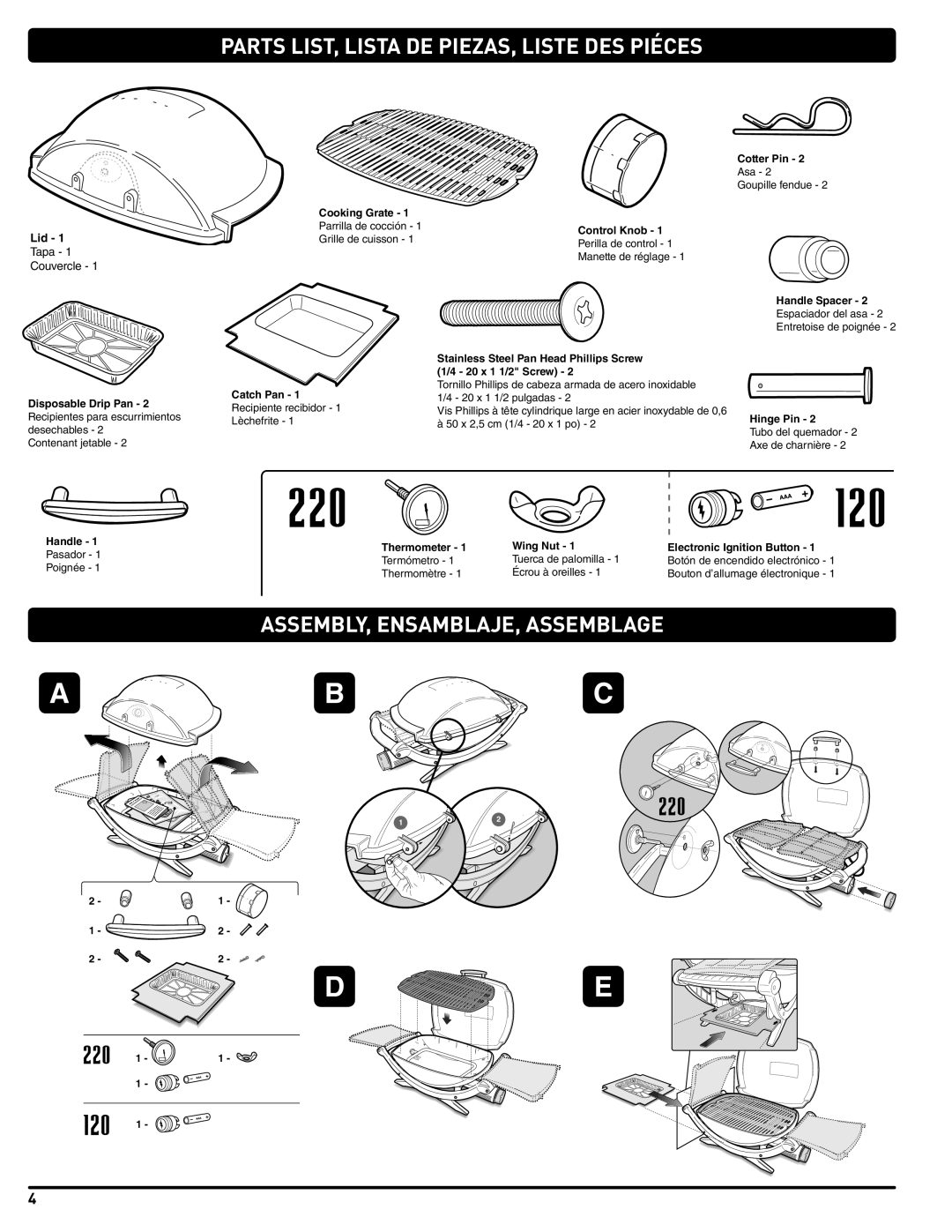 Weber 41061 instruction manual Parts LIST, Lista DE PIEZAS, Liste DES Piéces, ASSEMBLY, ENSAMBLAJE, Assemblage 