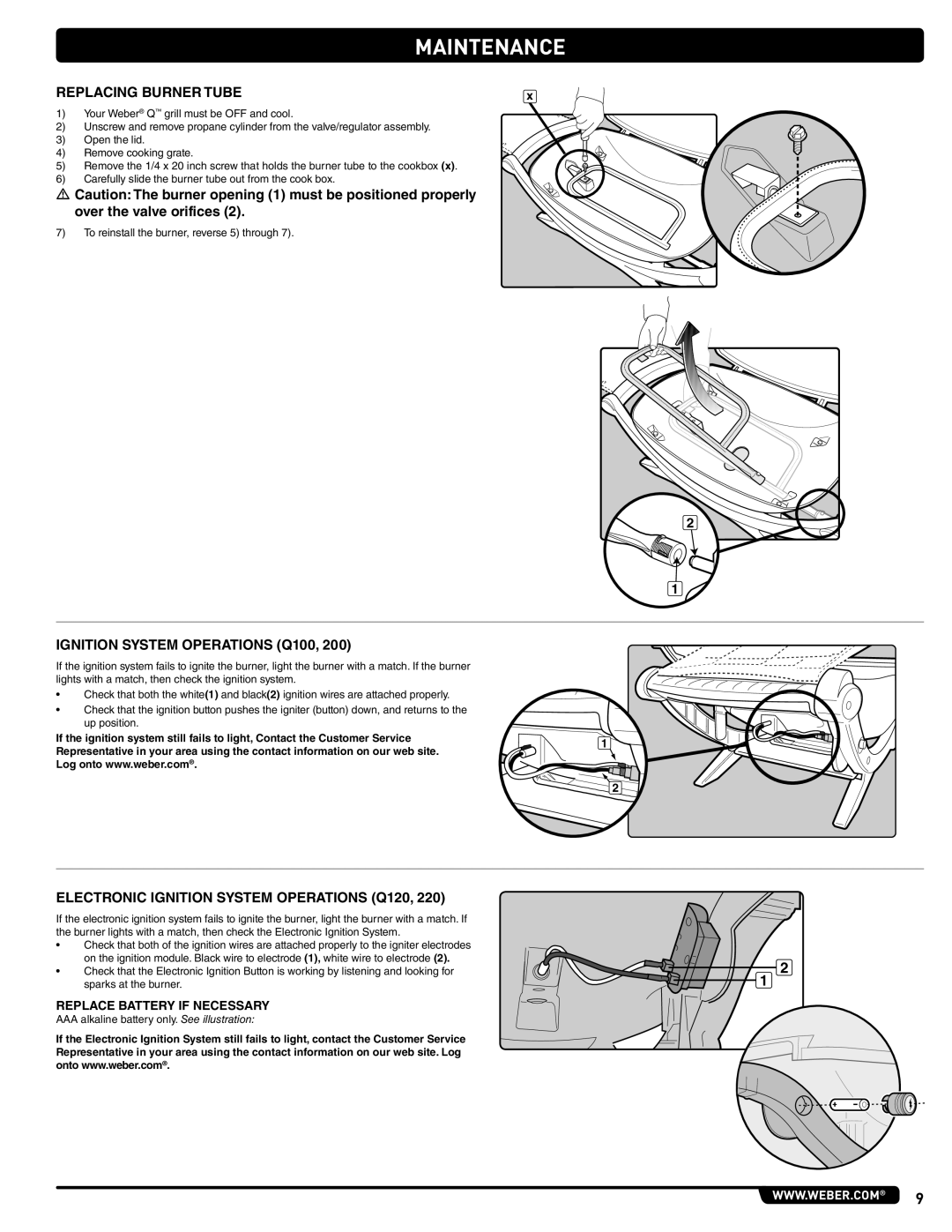 Weber 41061 Replacing Burner Tube, Ignition System Operations Q100, Electronic Ignition System Operations Q120 