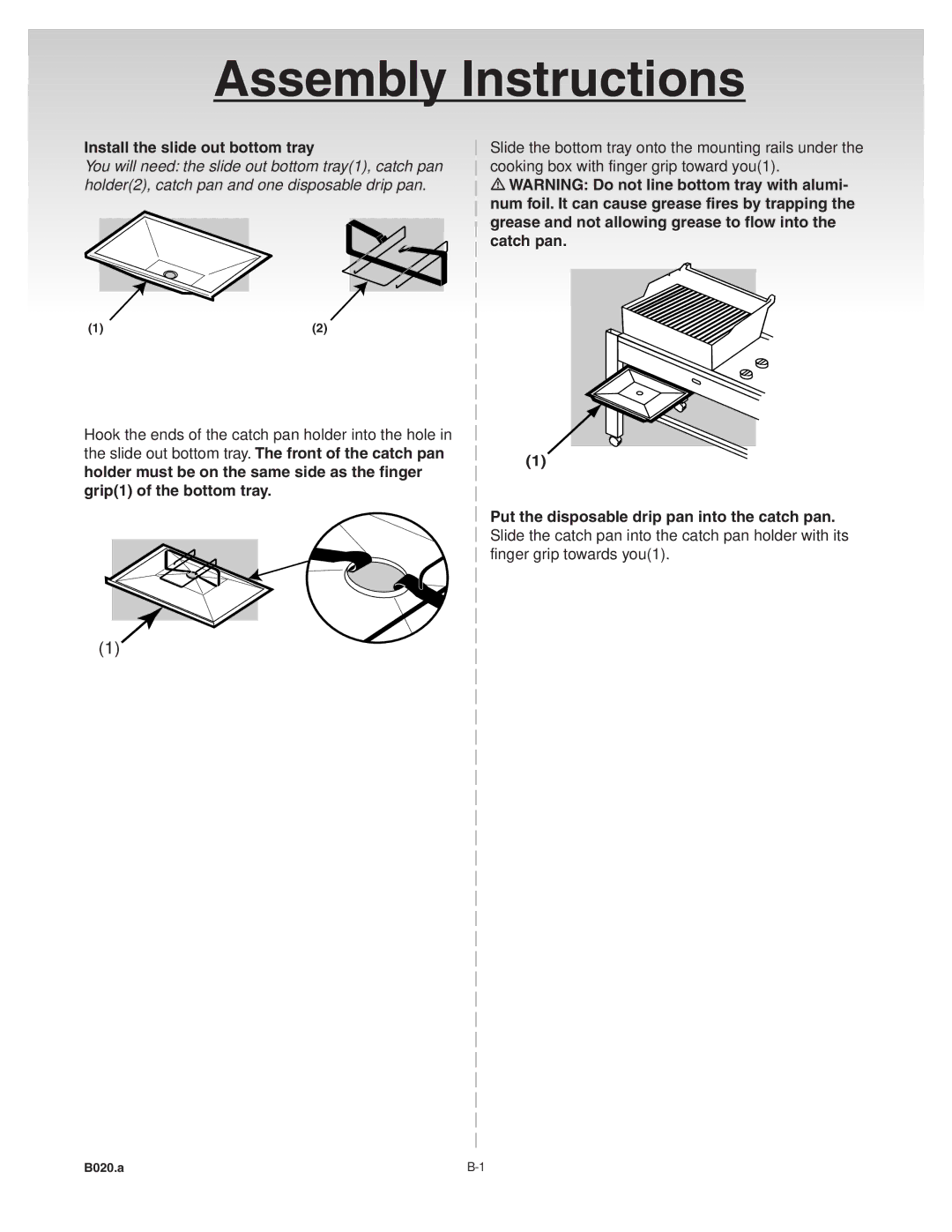 Weber 41081 manual Cooking box with finger grip toward you1, Num foil. It can cause grease fires by trapping, Catch pan 