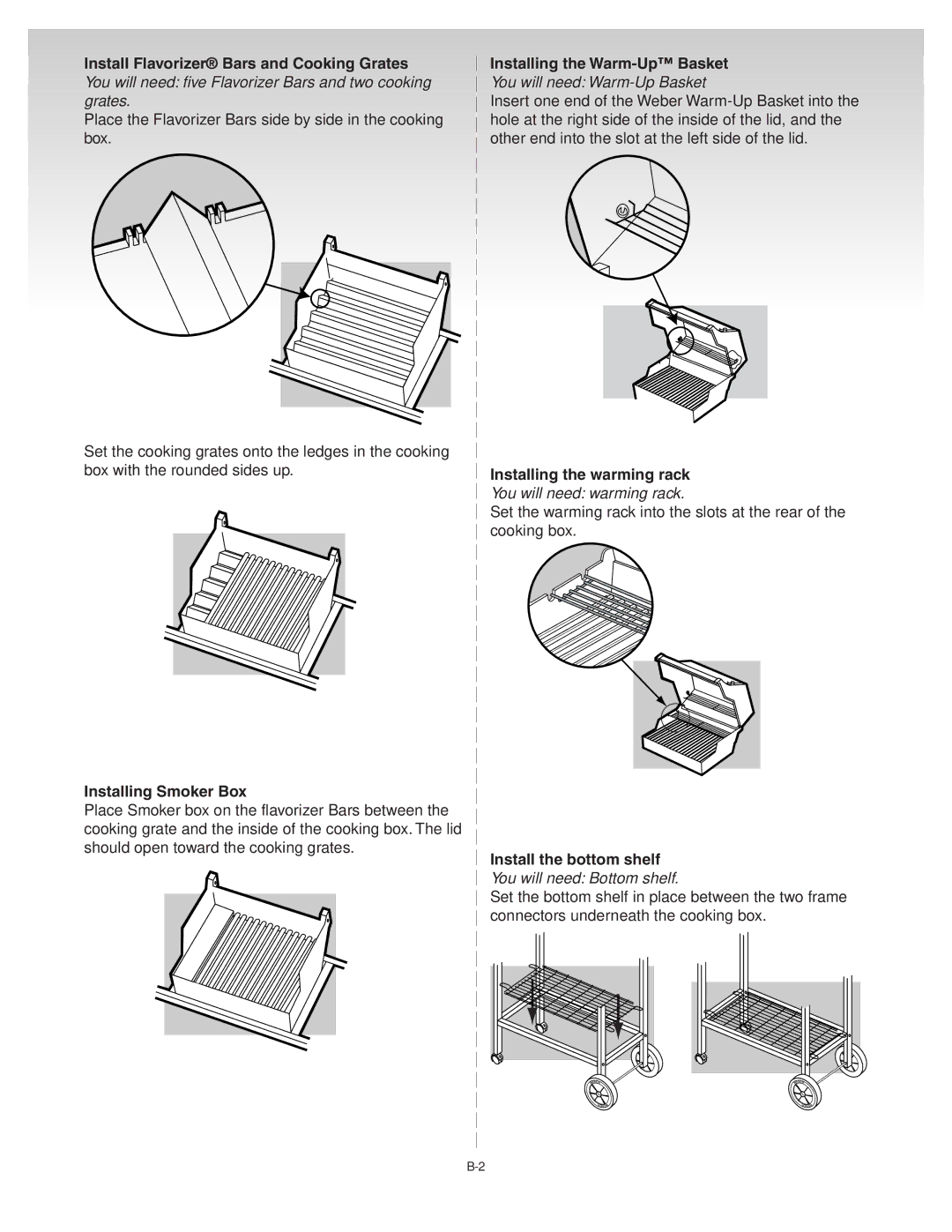 Weber 41081 manual Installing the warming rack, Installing Smoker Box, Install the bottom shelf 