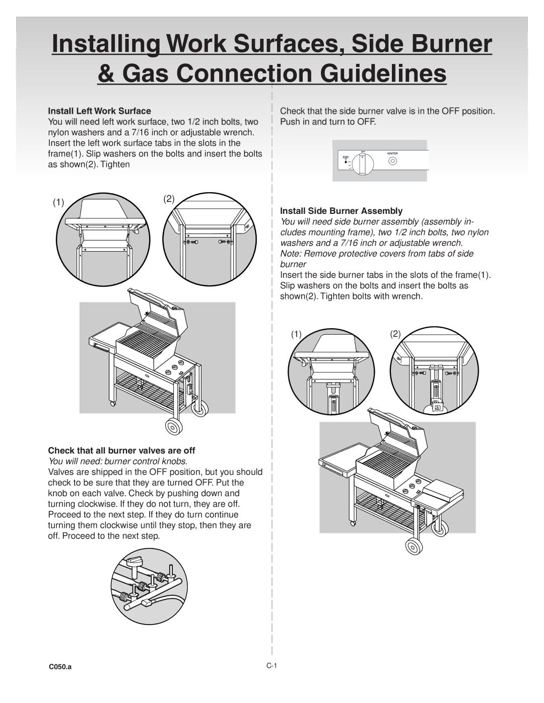 Weber 41081 manual Install Left Work Surface, Install Side Burner Assembly, Check that all burner valves are off 