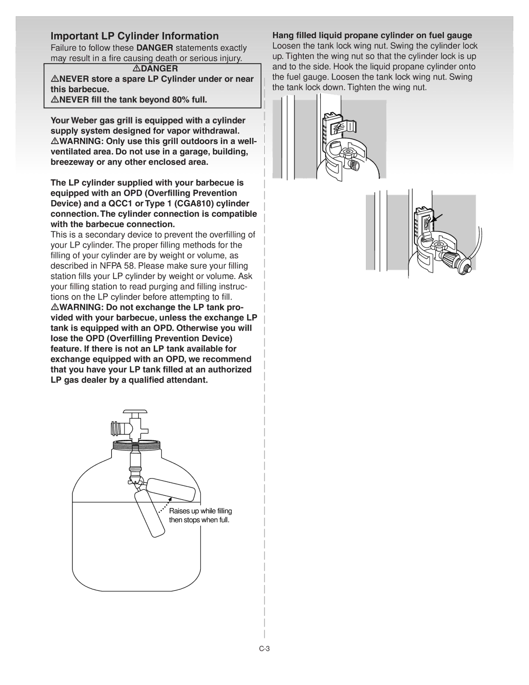 Weber 41081 manual Important LP Cylinder Information, Hang filled liquid propane cylinder on fuel gauge 