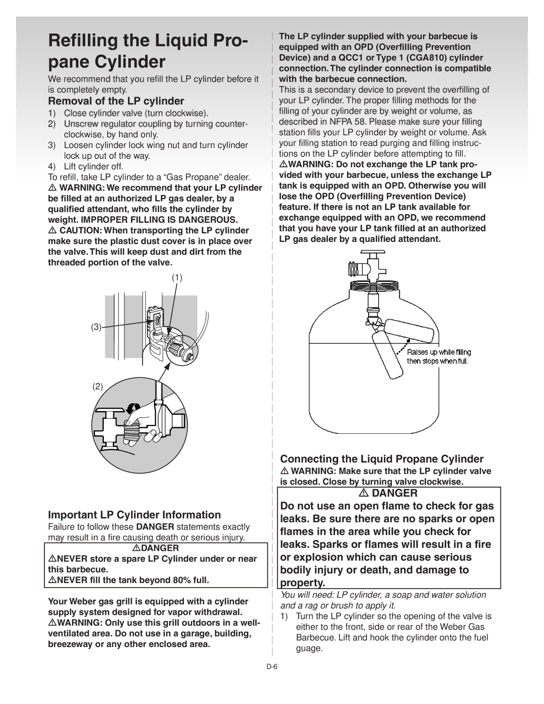 Weber 41081 manual Refilling the Liquid Pro, Pane Cylinder 