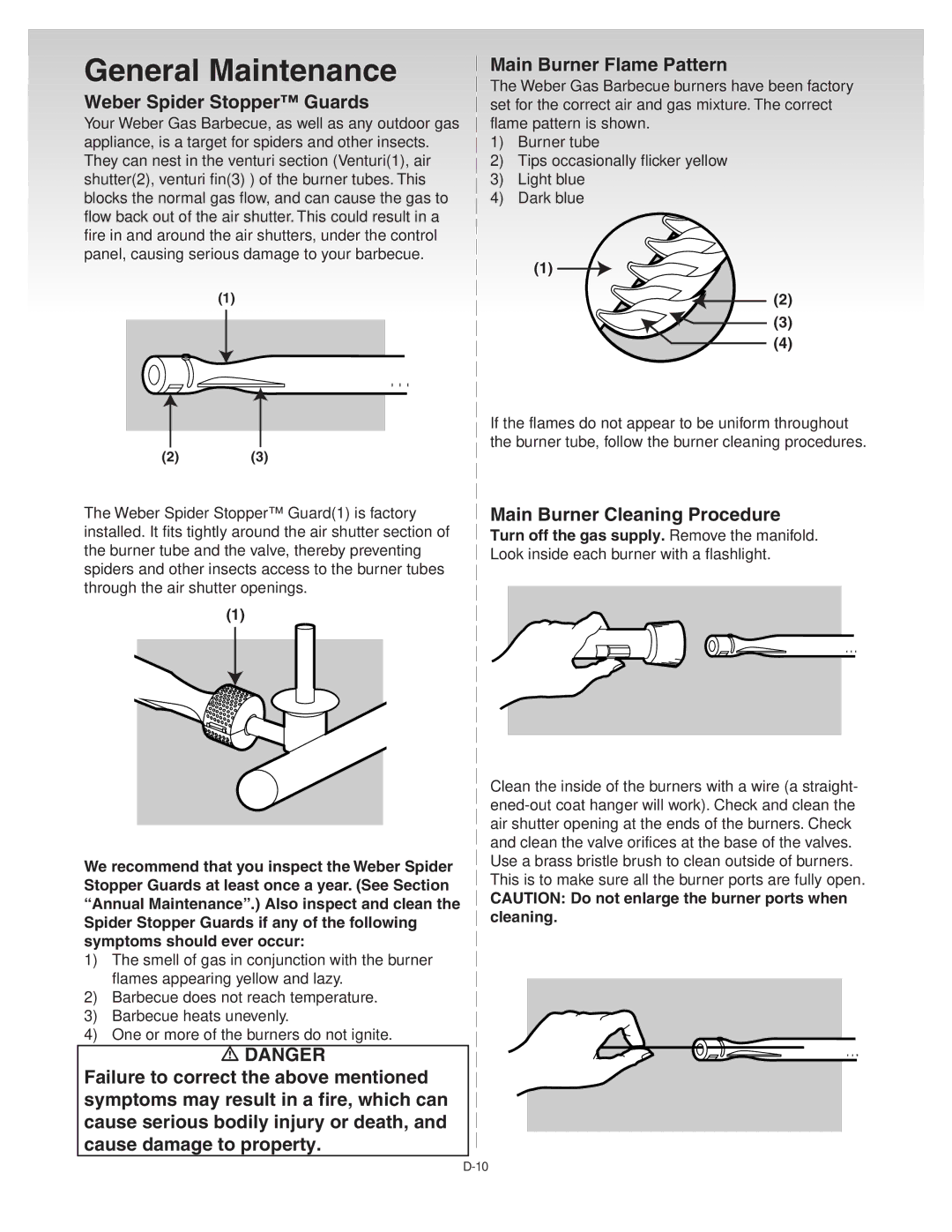 Weber 41081 General Maintenance, Main Burner Flame Pattern, Weber Spider Stopper Guards, Main Burner Cleaning Procedure 