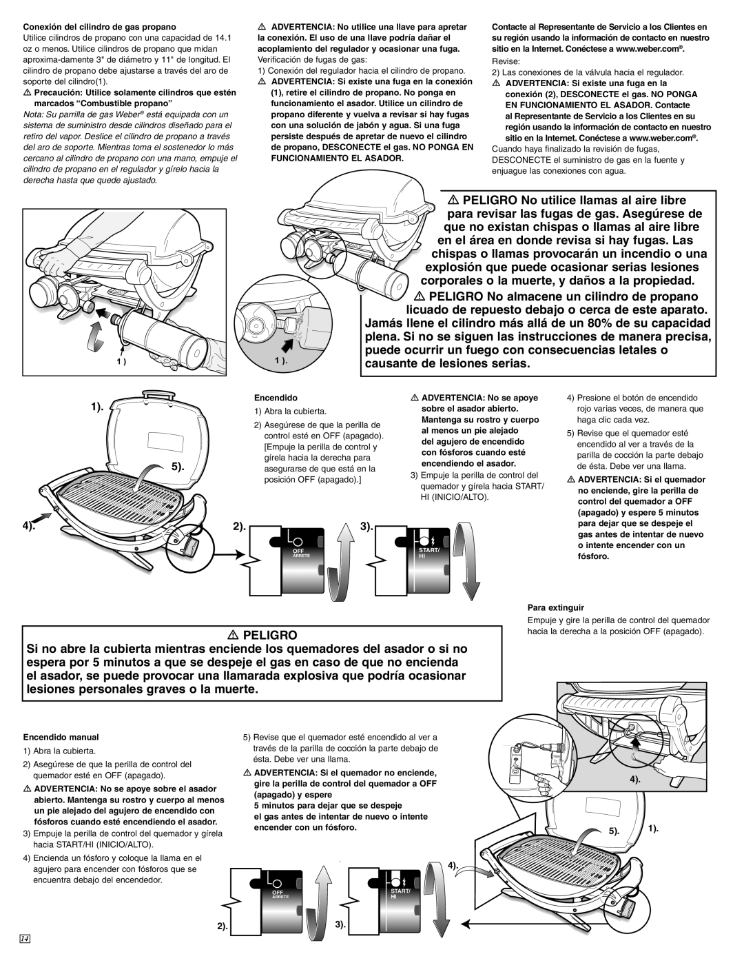 Weber 41636 owner manual PELIGRO No utilice llamas al aire libre, corporales o la muerte, y daños a la propiedad 