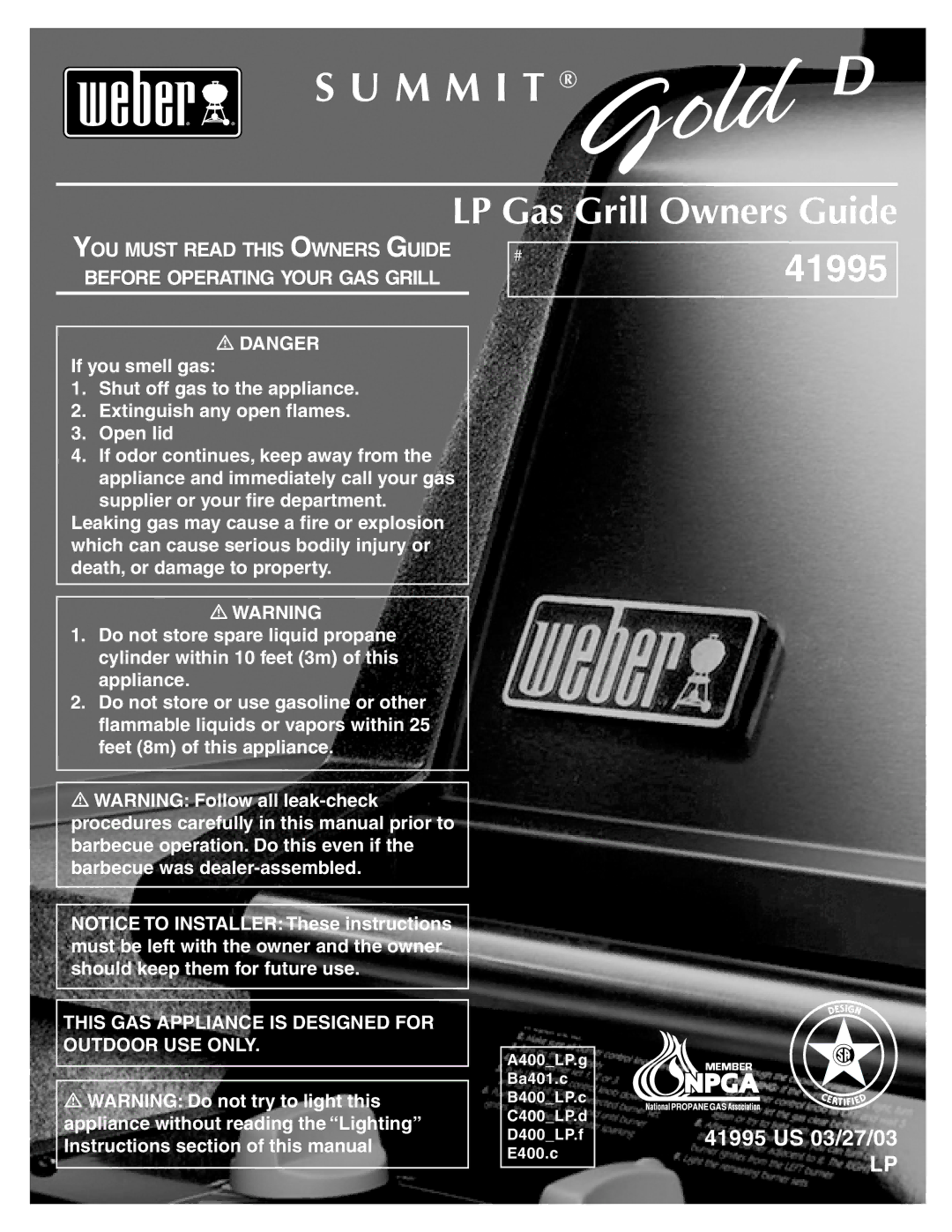 Weber 41995 manual M M I T, LP Gas Grill Owners Guide 