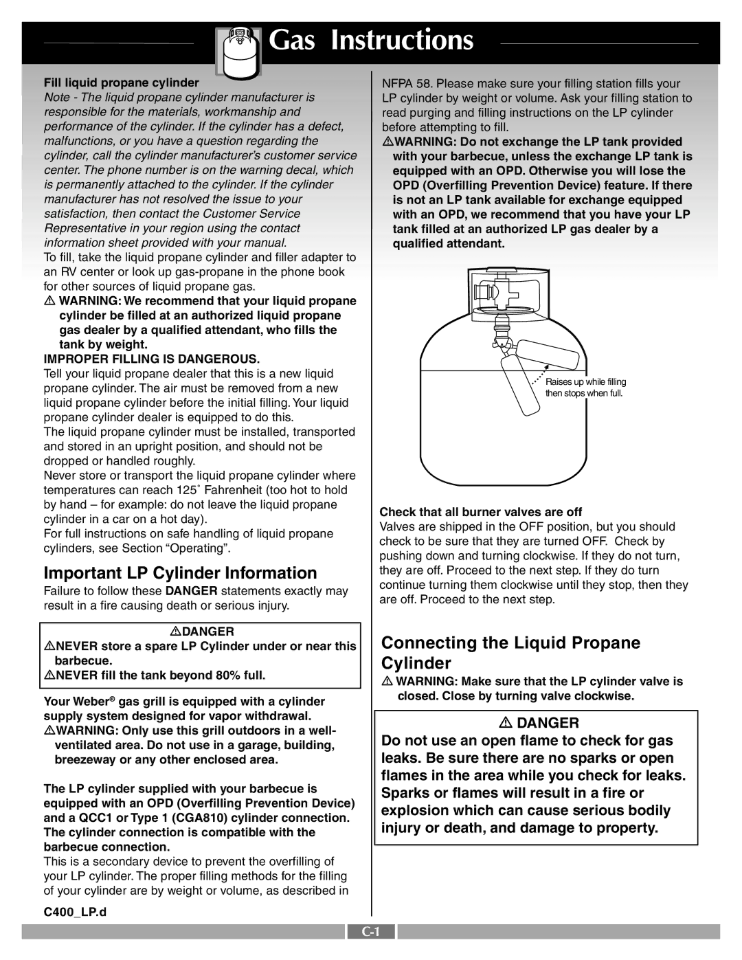 Weber 41995 manual Gas Instructions, Important LP Cylinder Information, Connecting the Liquid Propane 