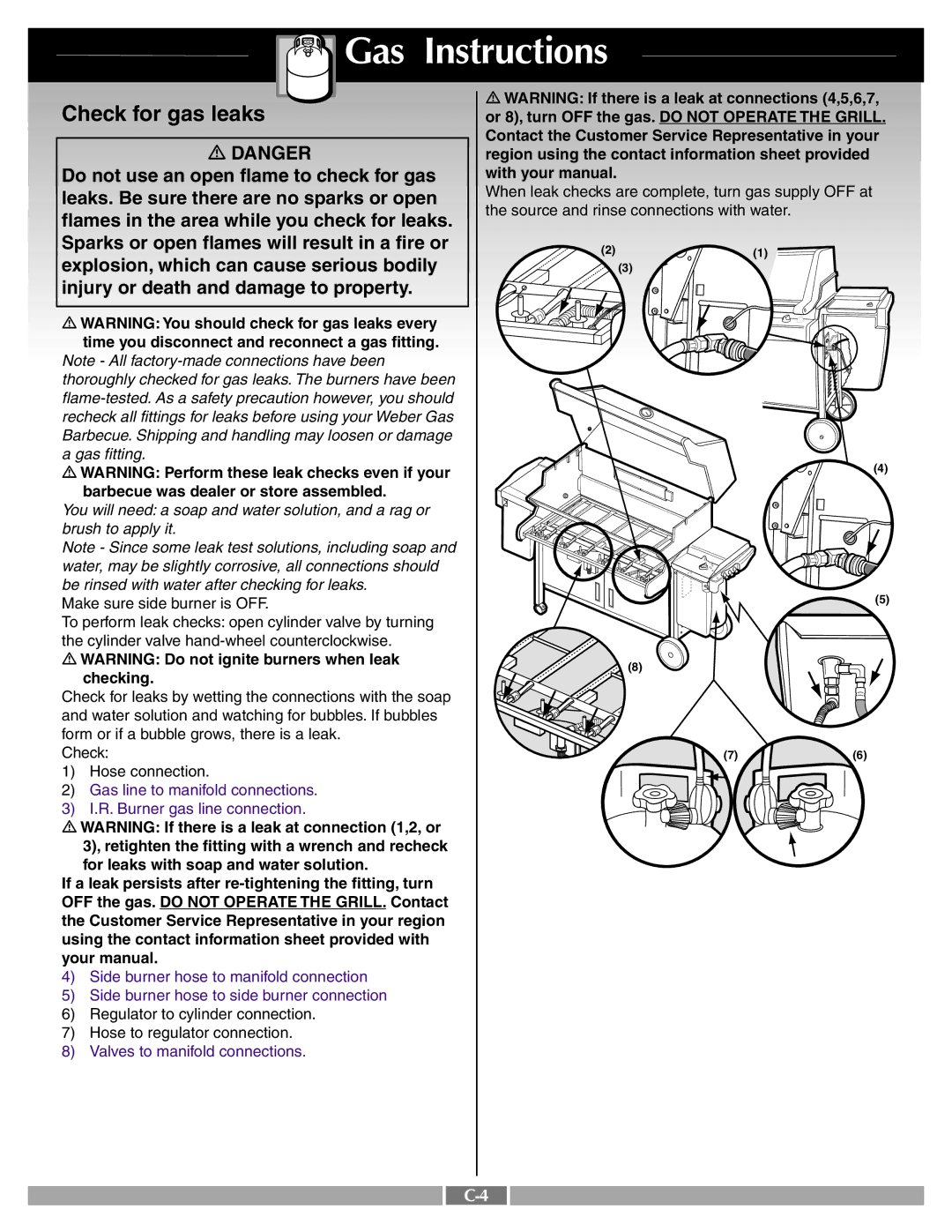 Weber 41995 manual Check for gas leaks, Valves to manifold connections 