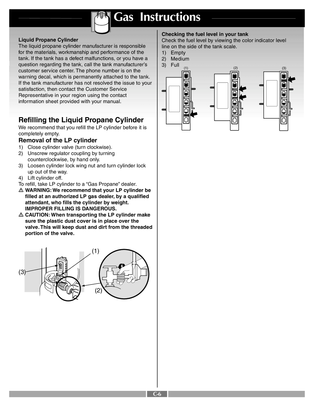 Weber 41995 manual Refilling the Liquid Propane Cylinder, Removal of the LP cylinder 