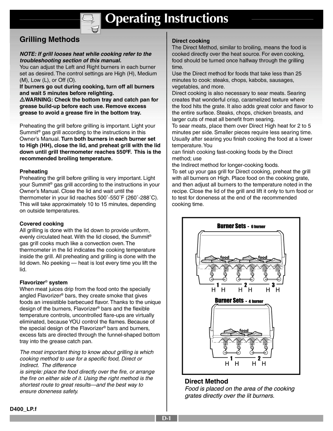 Weber 41995 manual Operating Instructions, Grilling Methods 