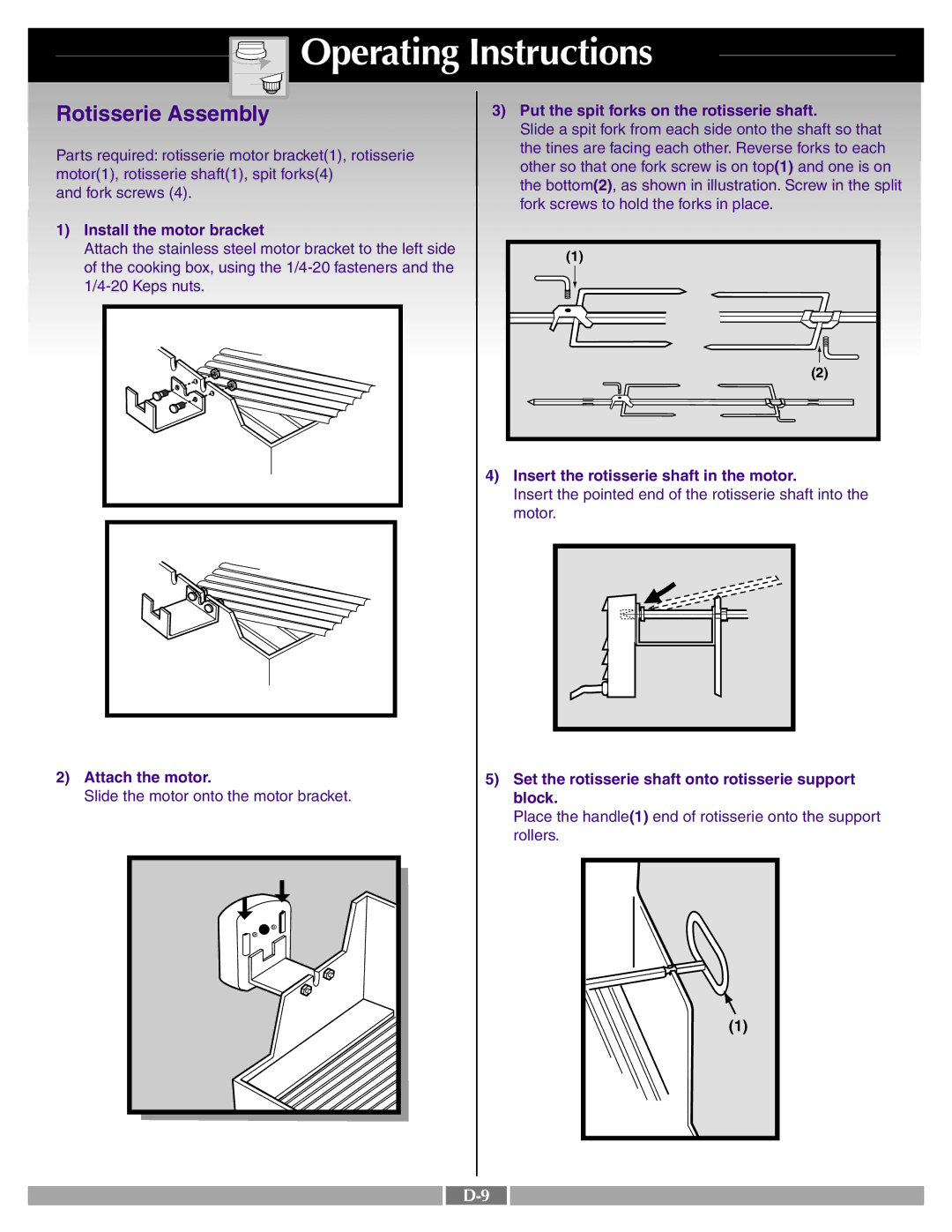 Weber 41995 manual Rotisserie Assembly, Put the spit forks on the rotisserie shaft, Install the motor bracket 