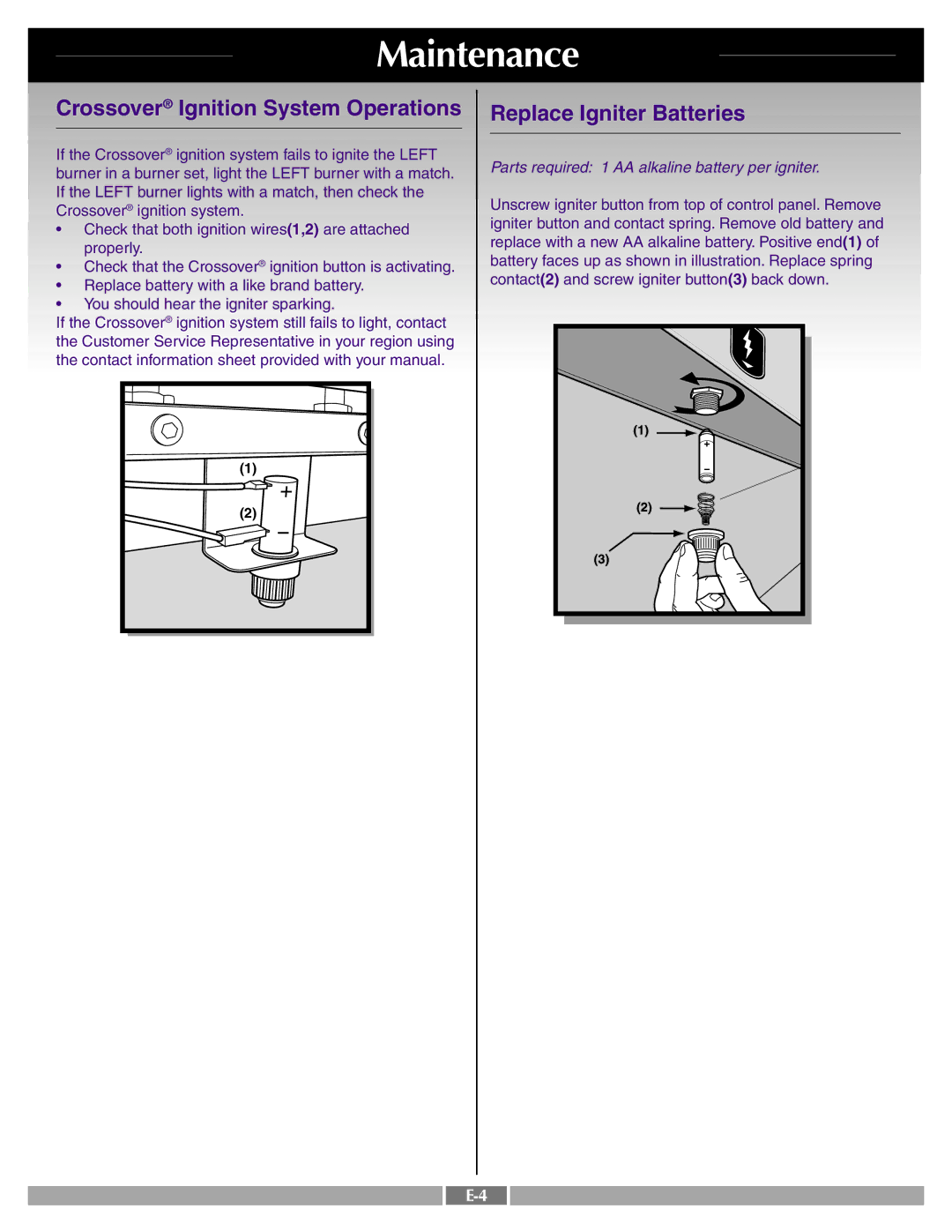 Weber 41995 manual Crossover Ignition System Operations, Replace Igniter Batteries 