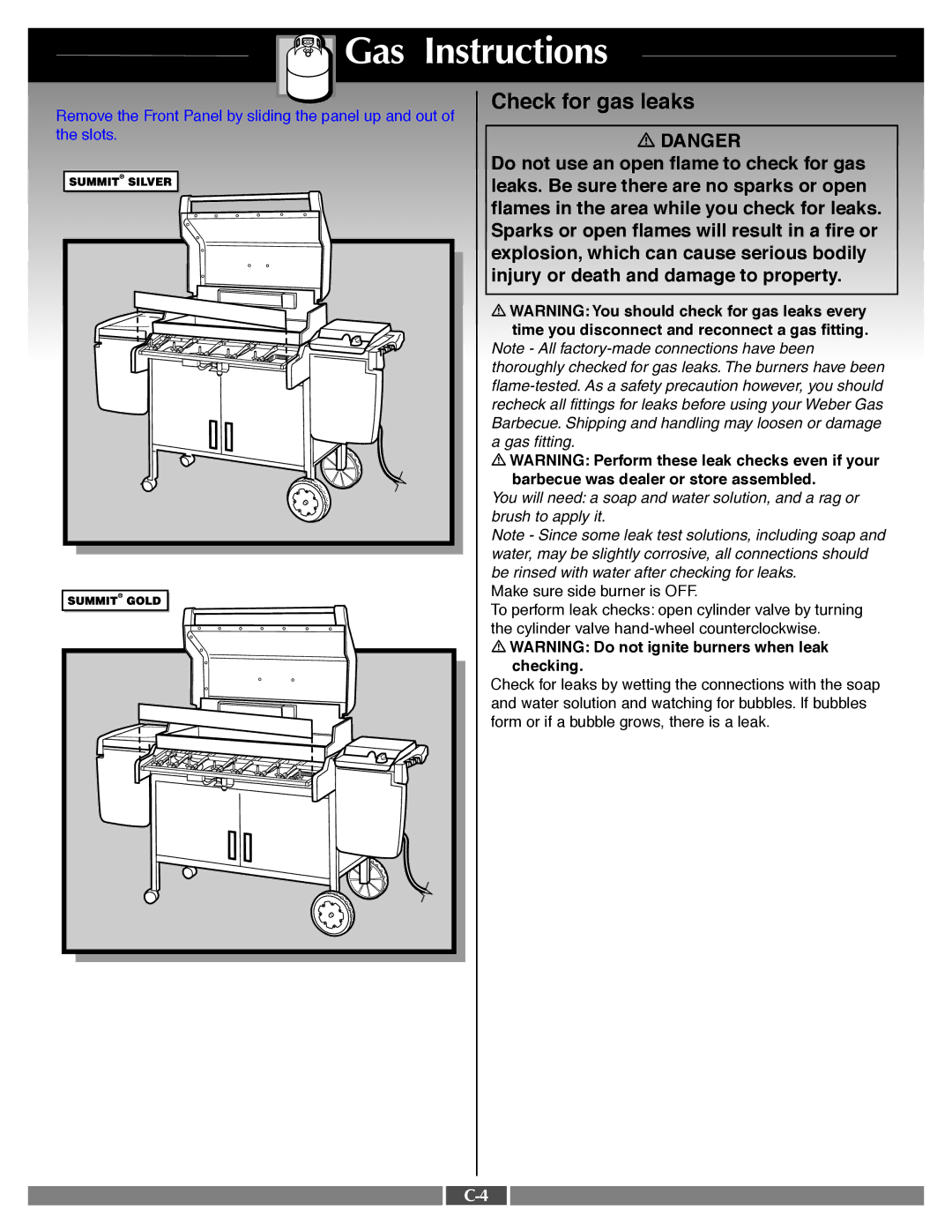 Weber 41995 manual Check for gas leaks 