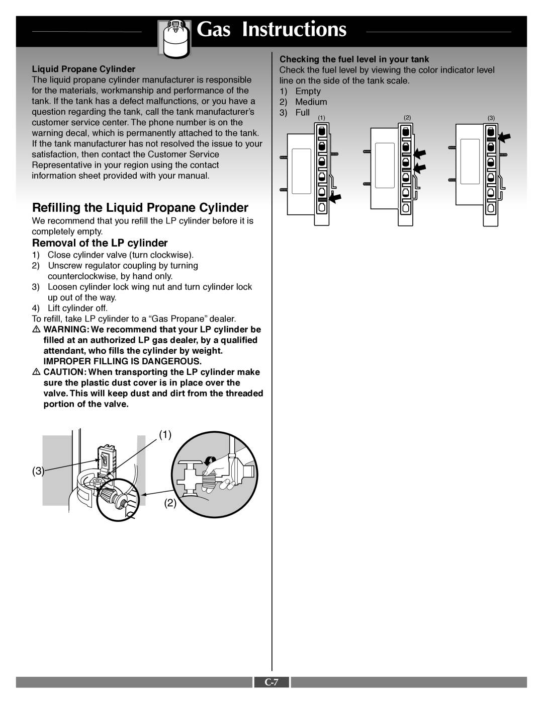 Weber 41995 manual Refilling the Liquid Propane Cylinder, Removal of the LP cylinder 