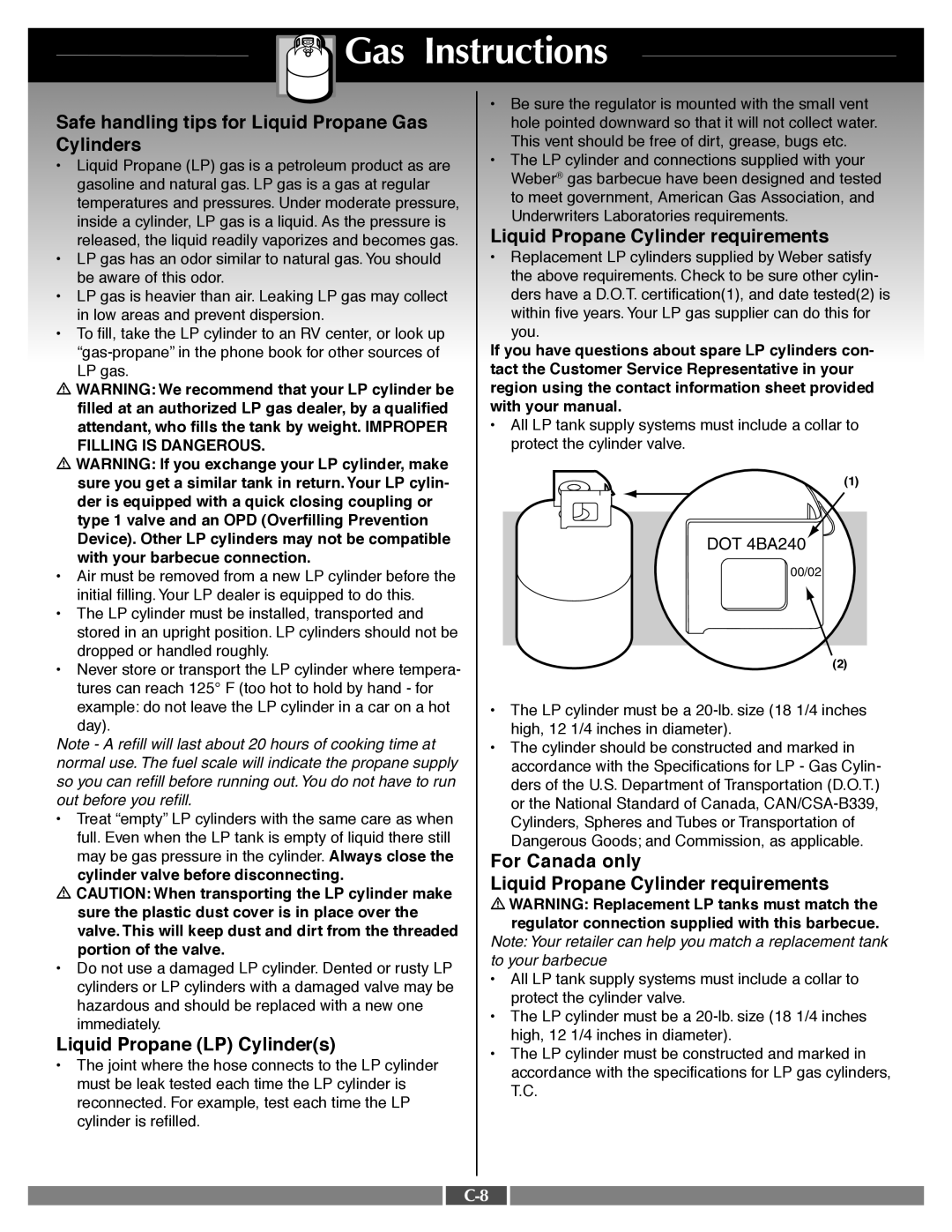 Weber 41995 manual Safe handling tips for Liquid Propane Gas 