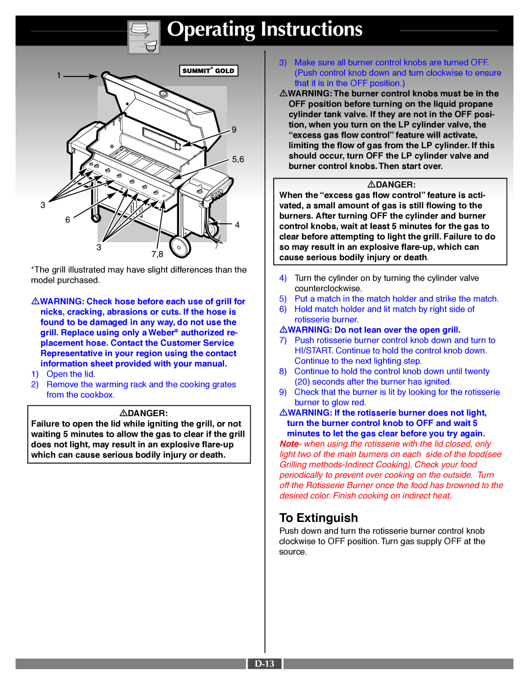 Weber 41995 manual Make sure all burner control knobs are turned OFF, Nicks, cracking, abrasions or cuts. If the hose is 