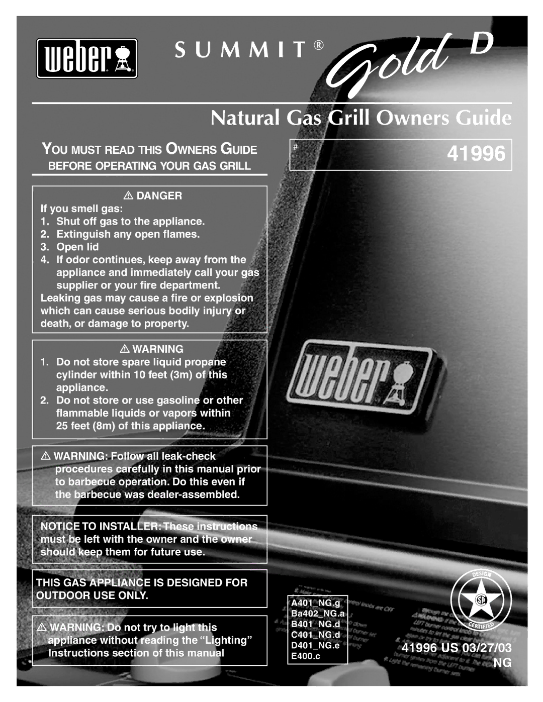 Weber 41996 manual M M I T, Natural Gas Grill Owners Guide 