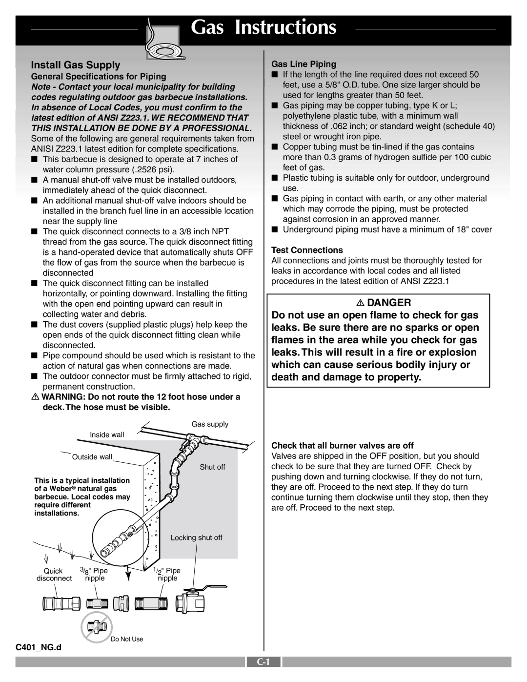 Weber 41996 manual Gas Instructions, Install Gas Supply 