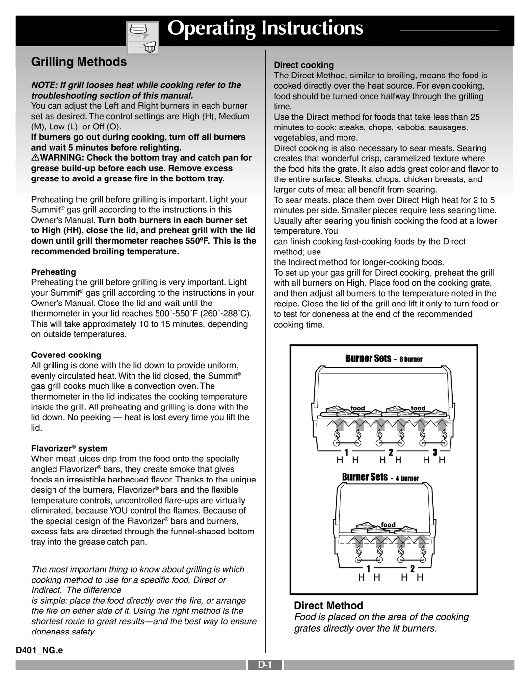 Weber 41996 manual Operating Instructions, Grilling Methods 