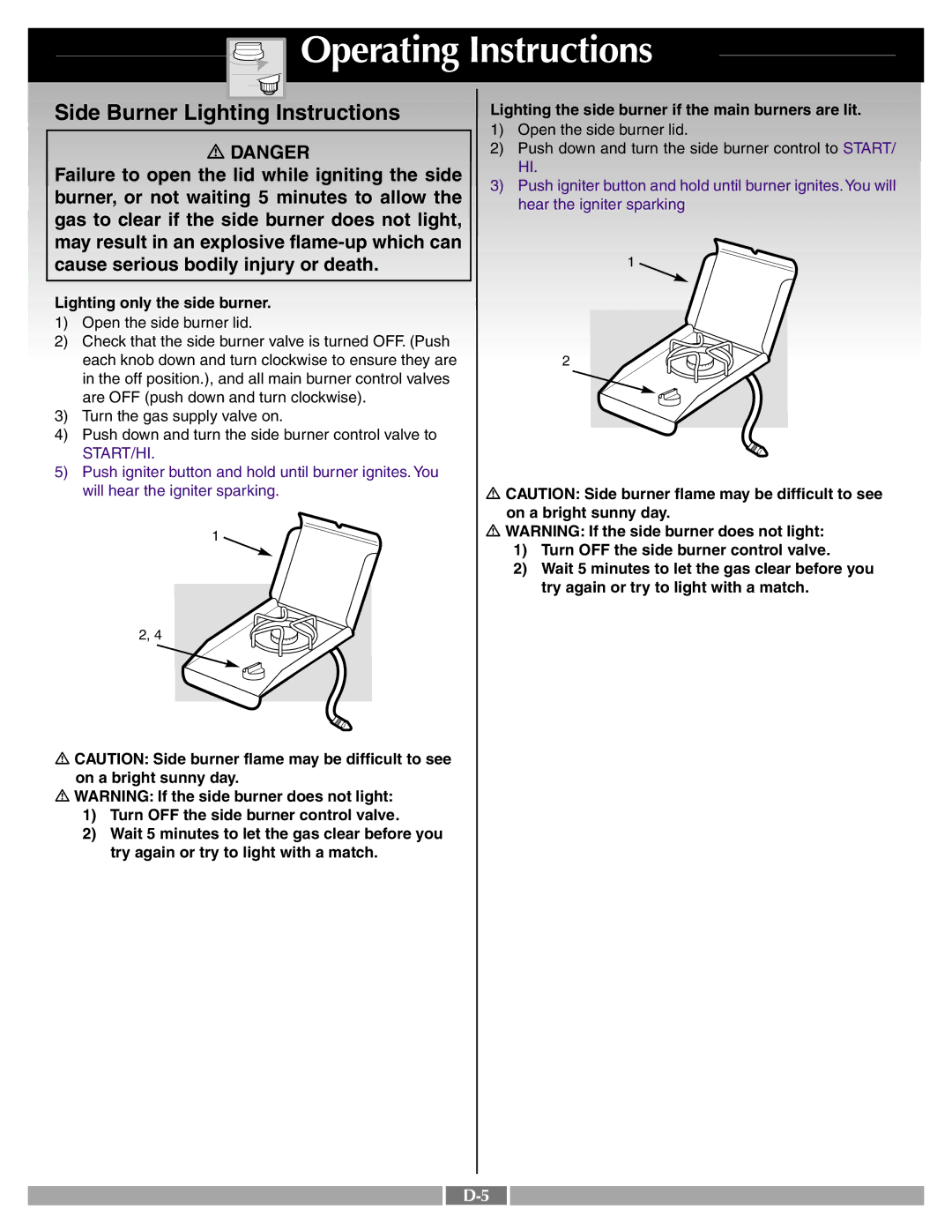 Weber 41996 manual Side Burner Lighting Instructions, Start/Hi 