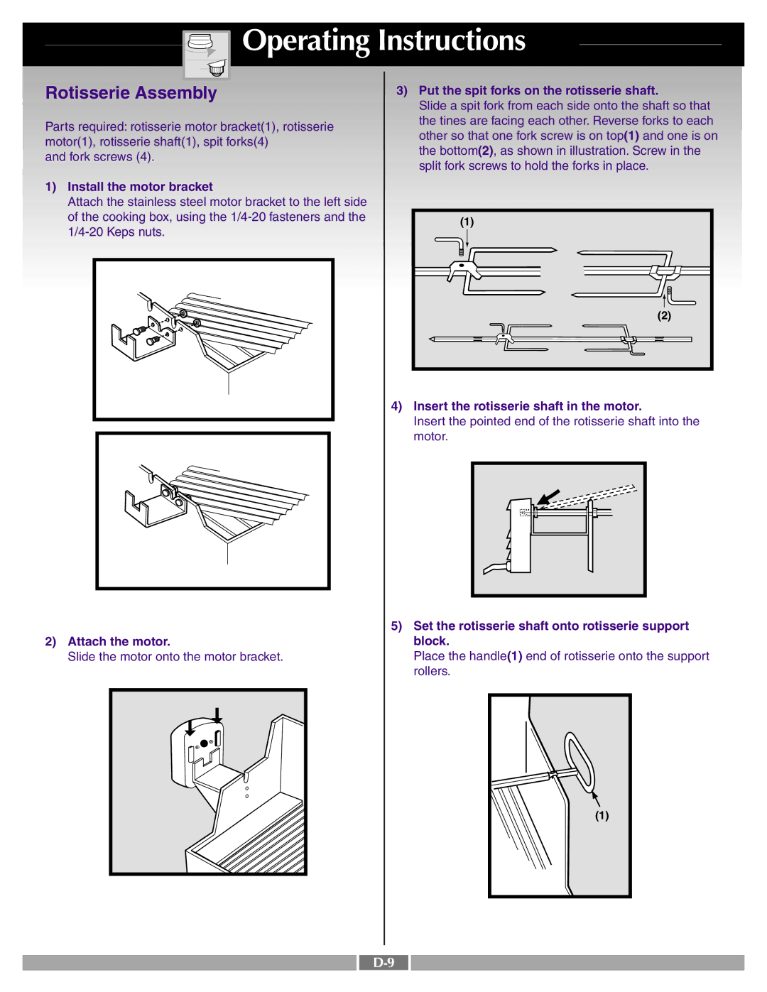 Weber 41996 manual Rotisserie Assembly, Put the spit forks on the rotisserie shaft 
