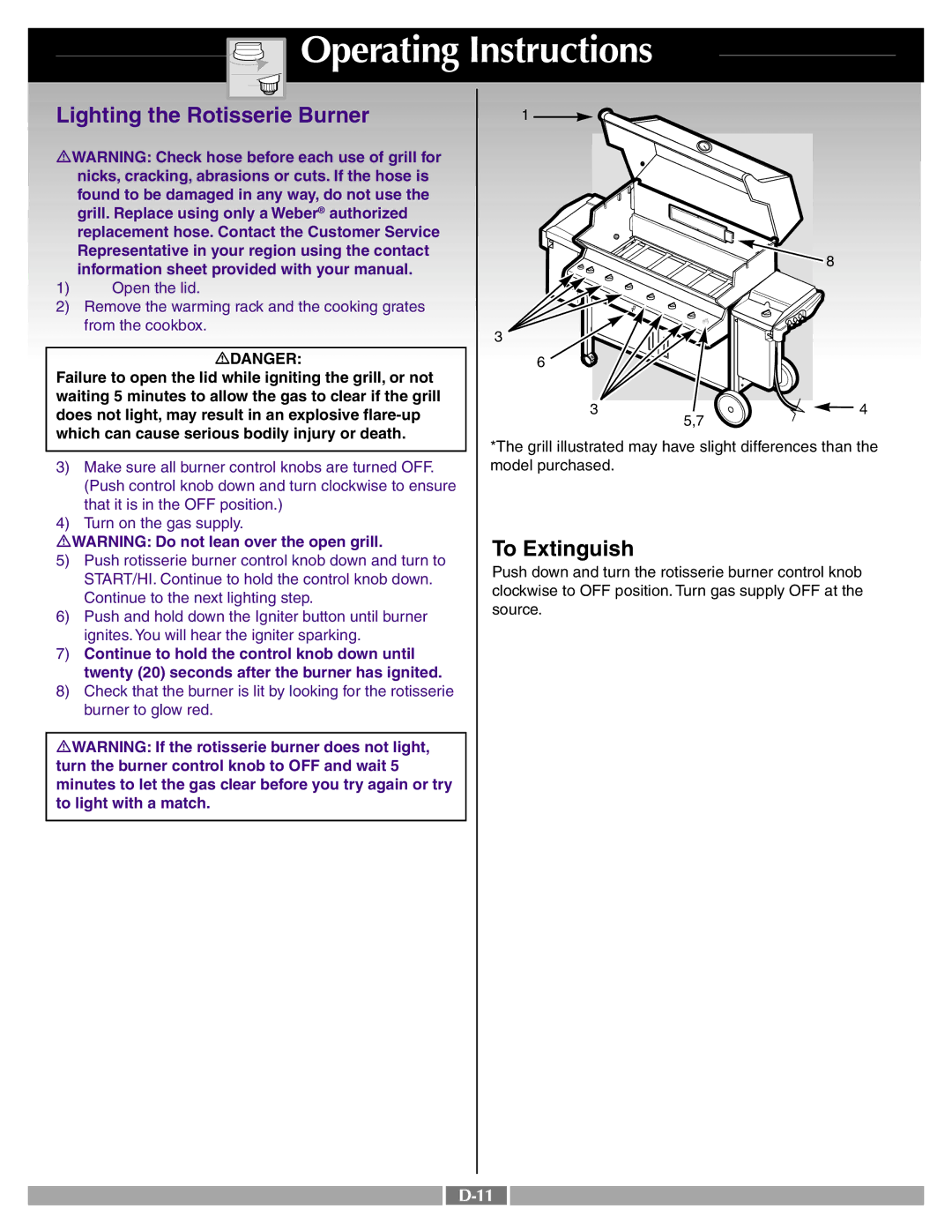 Weber 41996 manual Lighting the Rotisserie Burner, To Extinguish 