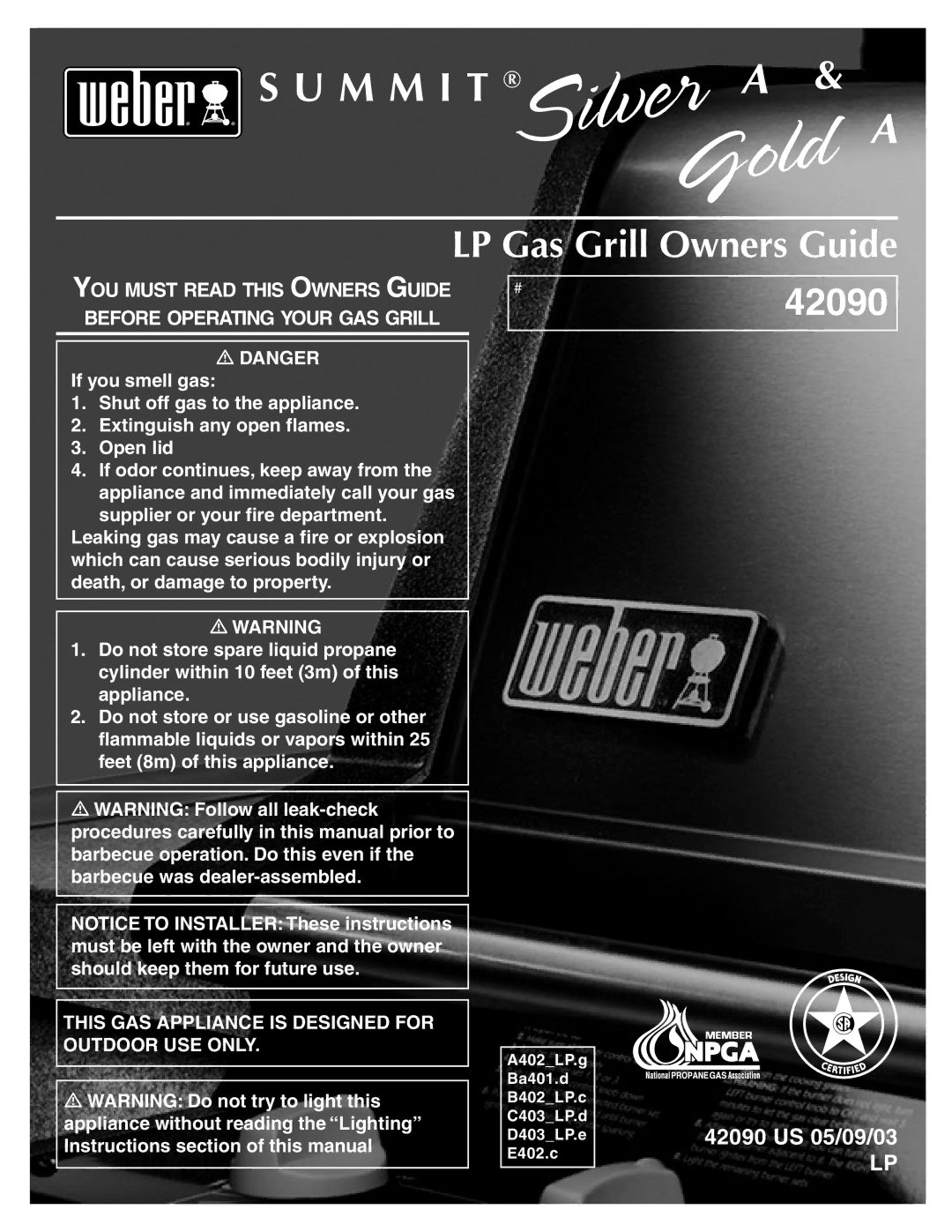 Weber 42090 manual LP Gas Grill Owners Guide 