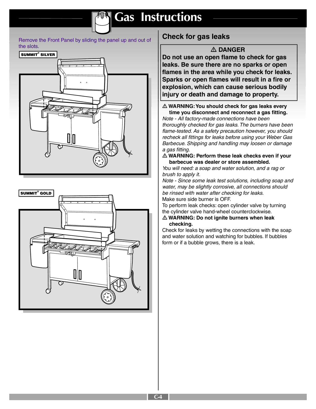 Weber 42090 manual Check for gas leaks 