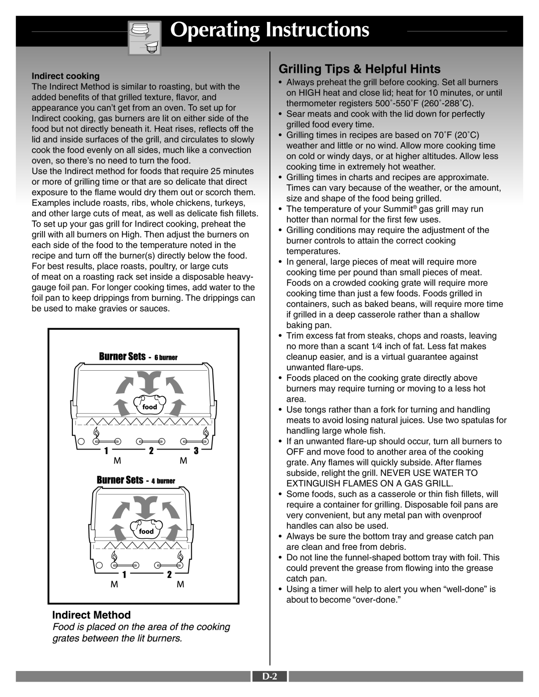 Weber 42090 manual Operating Instructions, Grilling Tips & Helpful Hints, Indirect cooking 