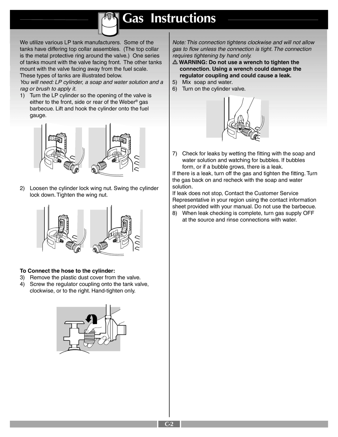 Weber 42092 manual Connection. Using a wrench could damage, Regulator coupling and could cause a leak 