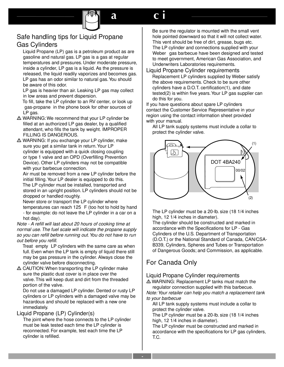 Weber 42092 manual Safe handling tips for Liquid Propane, Gas Cylinders, For Canada Only 