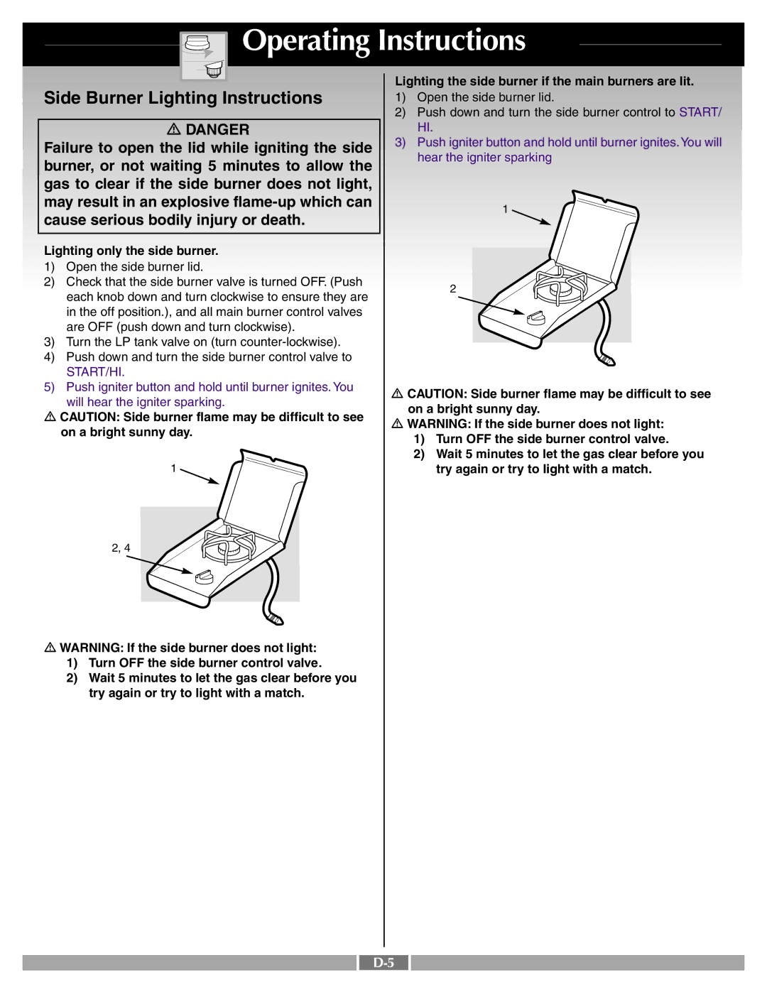 Weber 42092 manual Side Burner Lighting Instructions, Lighting only the side burner 