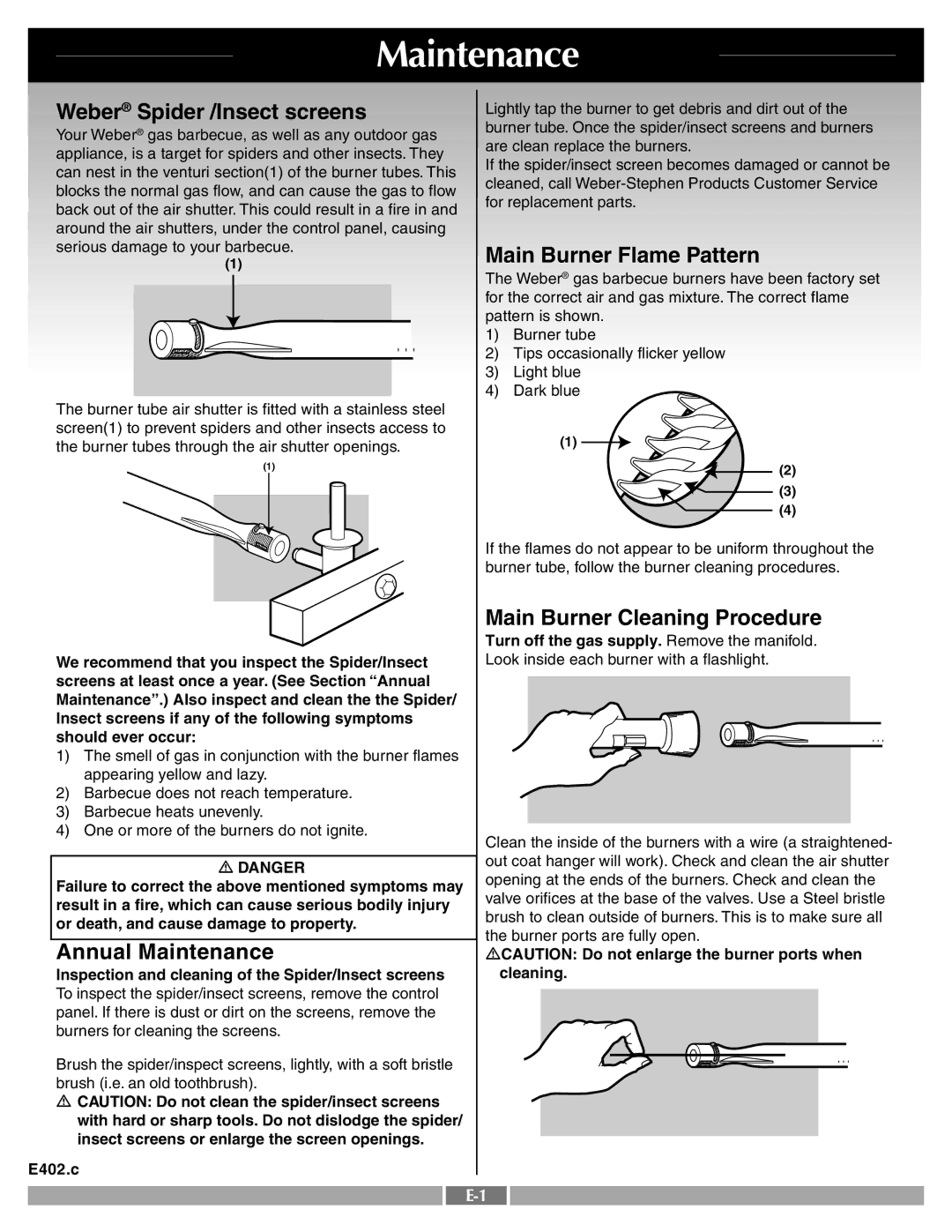Weber 42095 manual Weber Spider /Insect screens, Annual Maintenance, Main Burner Flame Pattern 