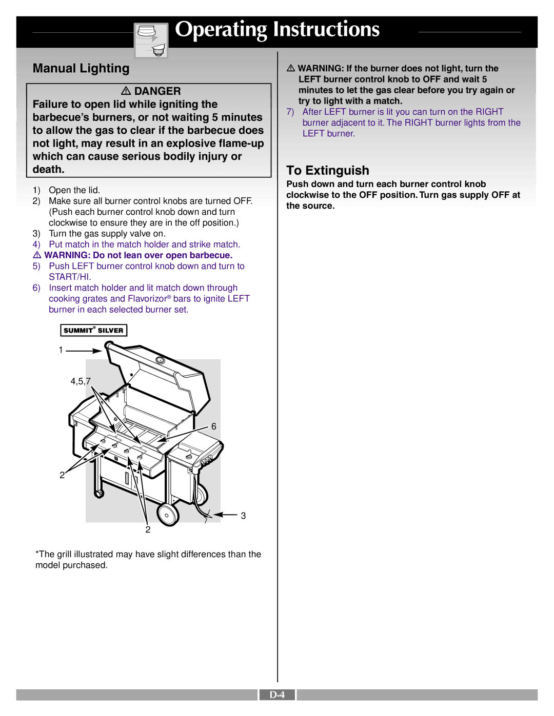 Weber 42097 manual Manual Lighting, To Extinguish, Left burner control knob to OFF and wait, Try to light with a match 