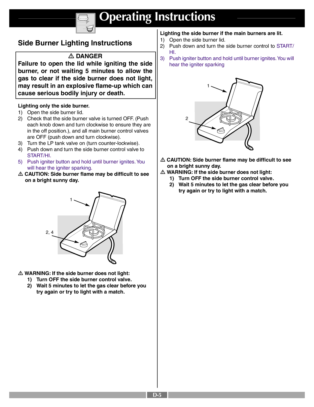 Weber 42097 manual Side Burner Lighting Instructions, Lighting only the side burner 