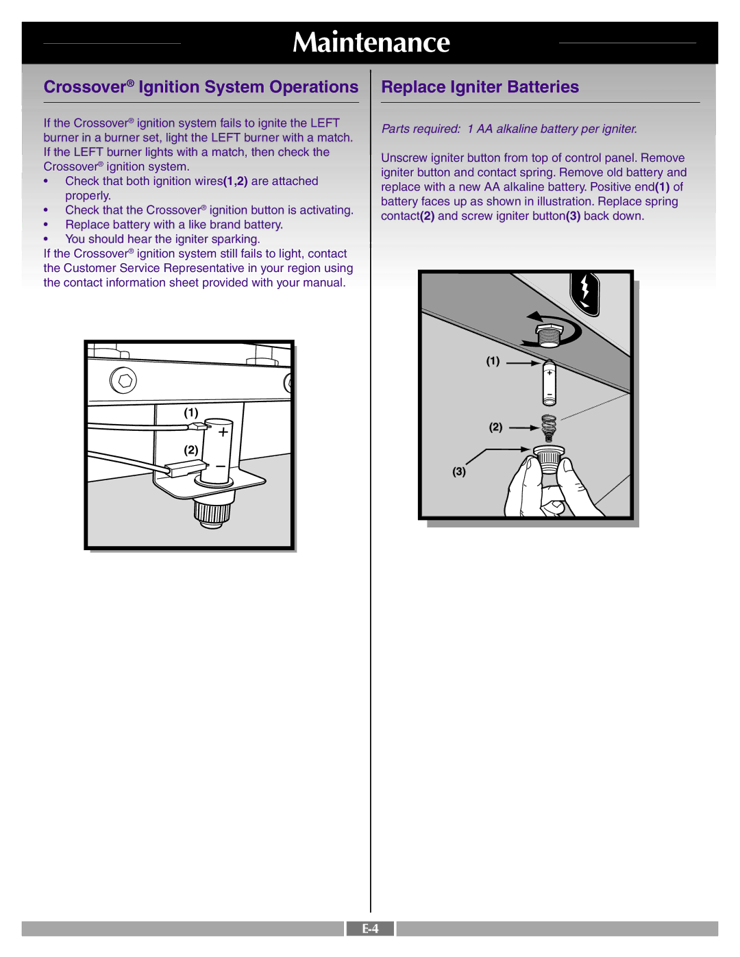 Weber 42097 manual Crossover Ignition System Operations, Replace Igniter Batteries 