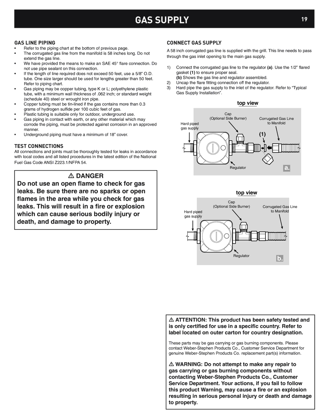 Weber 42370 dimensions GAS Line Piping, Test Connections, Connect GAS Supply 