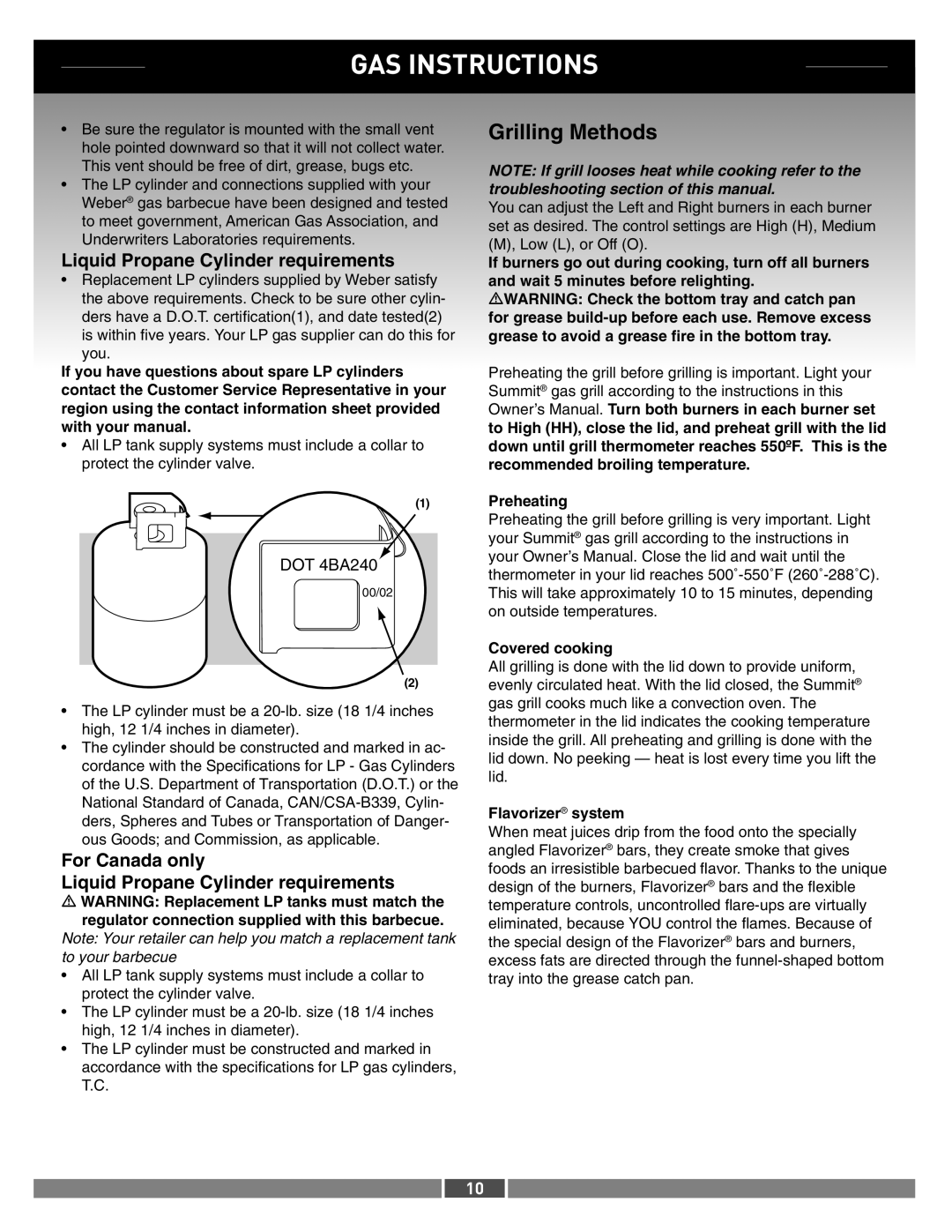 Weber 42371 manual For Canada only Liquid Propane Cylinder requirements, Flavorizer system 