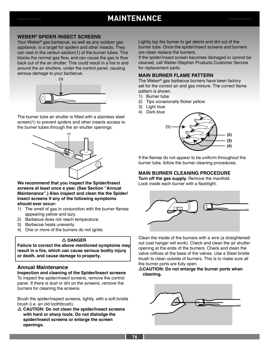 Weber 42371 manual Annual Maintenance, Weber Spider /INSECT Screens, Main Burner Flame Pattern 