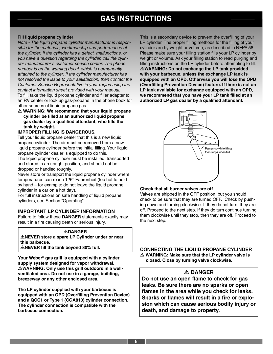 Weber 42371 manual GAS Instructions, Important LP Cylinder Information, Connecting the Liquid Propane Cylinder 